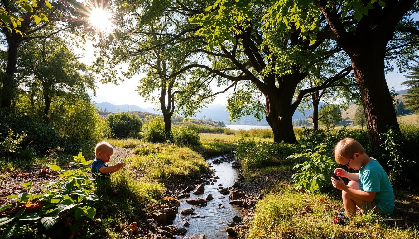 A lush, verdant outdoor scene with a serene waterfront. Sunlight filters through the canopy of towering trees, casting a warm glow over the landscape. In the foreground, a group of children explore the natural environment, examining leaves, rocks, and insects with curious expressions. A small stream winds its way through the middle ground, its gentle currents reflecting the surrounding foliage. In the background, rolling hills and distant mountains provide a picturesque backdrop, inviting further adventure and discovery. The atmosphere is one of tranquility and wonder, perfectly capturing the essence of outdoor exploration and connection with nature.