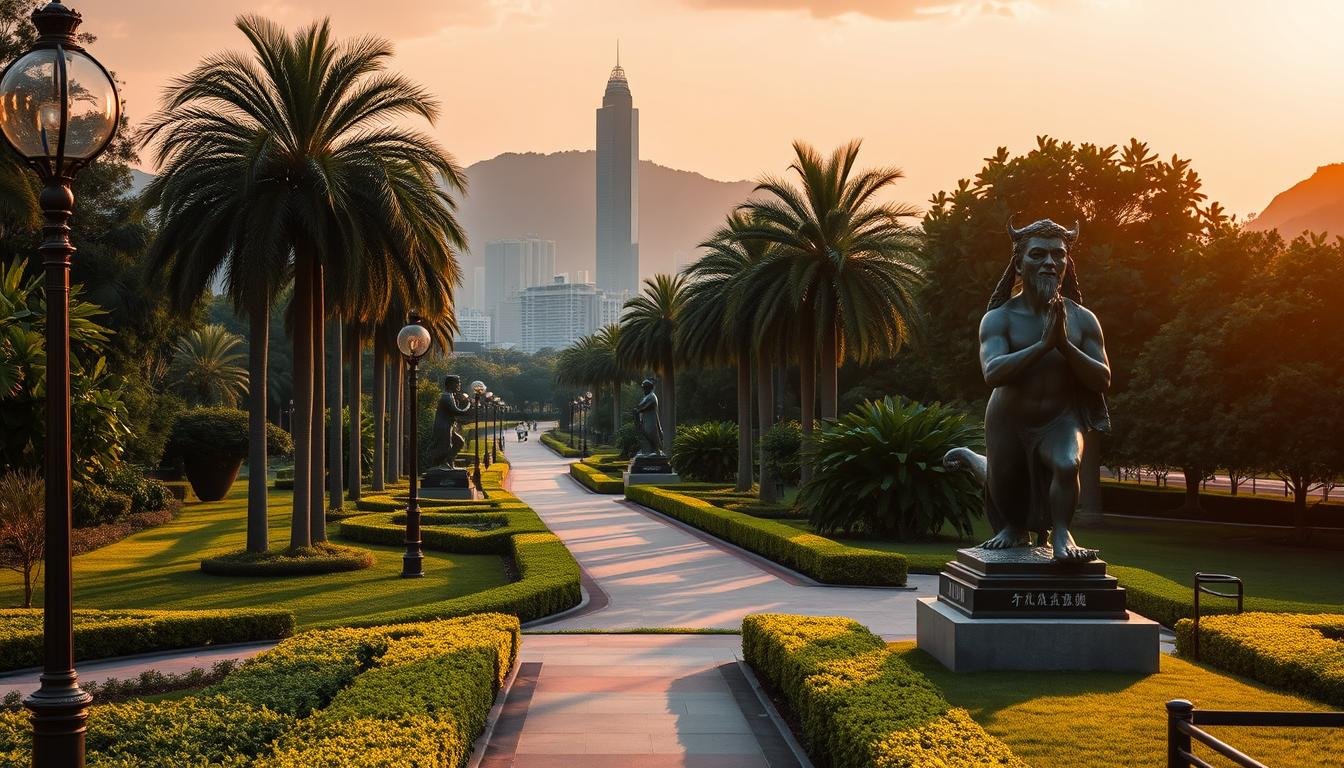 A lush, verdant promenade bathed in the warm glow of sunset, "Stars Avenue" in Hong Kong beckons with its meticulously landscaped gardens and iconic bronze sculptures. Manicured hedges line the wide, meandering walkways, leading the eye towards a striking silhouette of the city skyline in the distance. Ornate lamp posts cast a soft, ambient light, complementing the serene atmosphere. Towering palm trees sway gently, casting long shadows across the path. In the foreground, larger-than-life statues of mythical figures stand watch, their intricate details revealed by the golden hour lighting. The overall scene exudes a sense of tranquility and timeless elegance, inviting visitors to stroll and immerse themselves in Hong Kong's unique blend of nature and urban design.