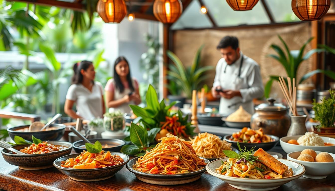 A lush, vibrant scene showcasing an array of authentic Thai cuisine. In the foreground, an assortment of fragrant Thai dishes, including steaming curries, aromatic stir-fries, and delicate desserts, are artfully arranged on a wooden table. In the middle ground, a group of culinary students attentively watch a chef demonstrate traditional Thai cooking techniques, their faces alight with fascination. The background features a serene, tropical setting, with lush greenery and warm, diffused lighting evoking the inviting ambiance of a Thai cooking school. The overall composition conveys a sense of cultural immersion, inspiring the viewer to embark on a culinary journey through the diverse regional specialties of Thailand.