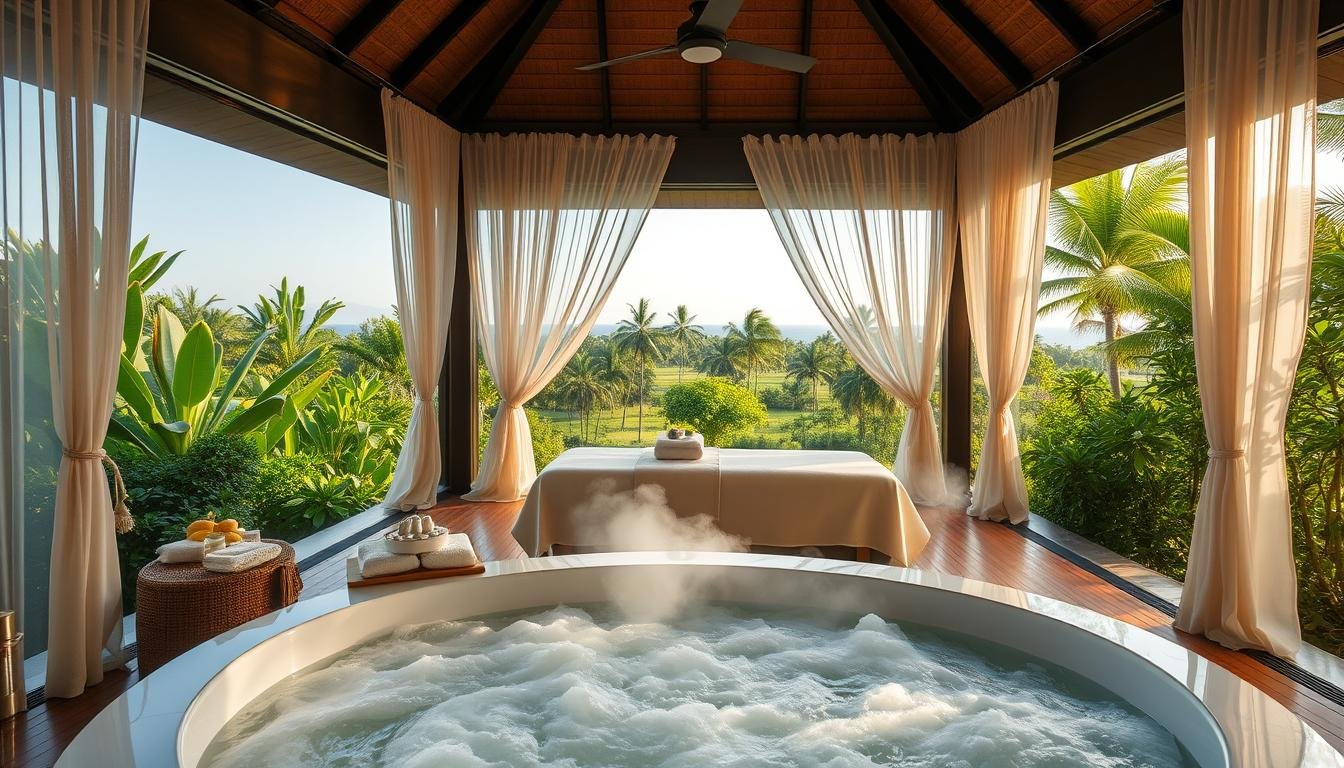 A luxurious and tranquil spa retreat nestled in a lush, tropical oasis. The scene depicts a spacious, open-air pavilion with high ceilings and large picture windows that frame the verdant landscape beyond. Soft, diffused natural lighting filters through sheer curtains, creating a warm, inviting ambiance. In the foreground, a large, inviting spa tub is filled with fragrant, steaming water, surrounded by plush towels and an array of opulent spa amenities. The middle ground showcases a massage table draped in crisp, white linens, ready for an indulgent, full-body treatment. The background features a serene, natural landscape with swaying palm trees and a distant horizon, conveying a sense of peace and relaxation. A luxurious and tranquil spa retreat nestled in a lush, tropical oasis. The scene depicts a spacious, open-air pavilion with high ceilings and large picture windows that frame the verdant landscape beyond. Soft, diffused natural lighting filters through sheer curtains, creating a warm, inviting ambiance. In the foreground, a large, inviting spa tub is filled with fragrant, steaming water, surrounded by plush towels and an array of opulent spa amenities. The middle ground showcases a massage table draped in crisp, white linens, ready for an indulgent, full-body treatment. The background features a serene, natural landscape with swaying palm trees and a distant horizon, conveying a sense of peace and relaxation.