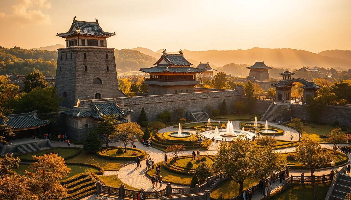 A majestic Korean castle with towering stone walls, turrets, and ornate architecture stands prominently against a backdrop of lush, verdant hills. The castle's courtyard is filled with vibrant gardens, cascading fountains, and visitors exploring the grounds. Warm, golden sunlight filters through the trees, casting a serene, historical ambiance over the scene. In the foreground, people stroll along winding paths, admiring the exquisite details of the castle's design. The overall atmosphere evokes a sense of timeless elegance and cultural immersion, transporting the viewer to the heart of Korea's rich heritage. A majestic Korean castle with towering stone walls, turrets, and ornate architecture stands prominently against a backdrop of lush, verdant hills. The castle's courtyard is filled with vibrant gardens, cascading fountains, and visitors exploring the grounds. Warm, golden sunlight filters through the trees, casting a serene, historical ambiance over the scene. In the foreground, people stroll along winding paths, admiring the exquisite details of the castle's design. The overall atmosphere evokes a sense of timeless elegance and cultural immersion, transporting the viewer to the heart of Korea's rich heritage.