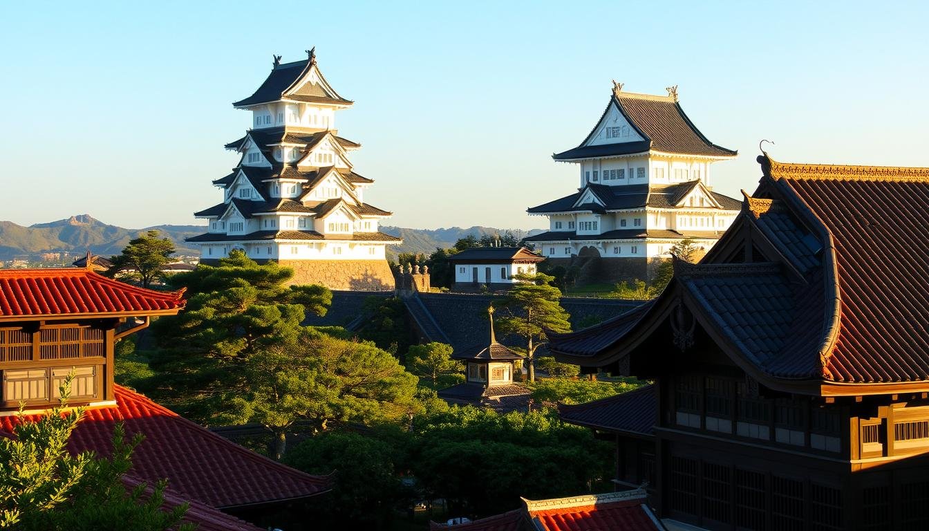 A majestic Ryukyu castle stands tall, its elegant architecture a testament to the region's unique cultural heritage. The castle's tiered roofs and ornate detailing are bathed in warm afternoon light, casting long shadows across the surrounding gardens. In the foreground, traditional Okinawan architecture with red-tiled roofs and intricate wooden carvings nestles against the castle's towering walls. The middle ground reveals a picturesque landscape of rolling hills and lush, verdant foliage, while the distant background is framed by a clear, azure sky. This scene captures the essence of the Ryukyu Kingdom's remarkable history and the enduring legacy of its architectural marvels.