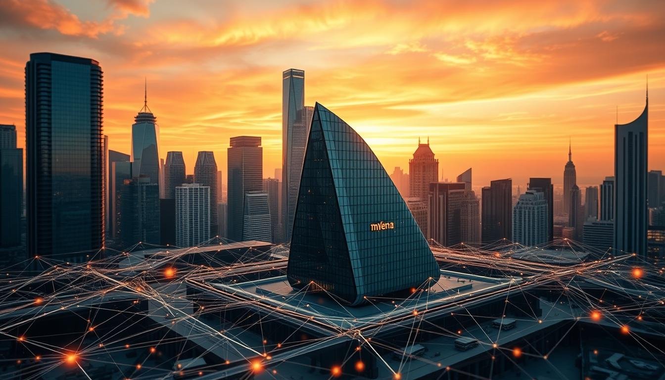 A majestic city skyline with towering skyscrapers, their glass facades gleaming under a vibrant sunset. In the foreground, a network of intricate data streams flows, pulsing with the rhythmic beats of technological innovation. Amidst the urban landscape, a sleek, futuristic building stands, its angular design and minimalist aesthetic embodying the fusion of technology and information. Warm lighting casts a soft glow, highlighting the interplay between the physical and digital realms. Subtle lens flares and depth of field effects add a cinematic touch, drawing the viewer's eye towards the heart of this technological ecosystem - the convergence of data, AI, and cloud computing that is reshaping the landscape of travel and hospitality.