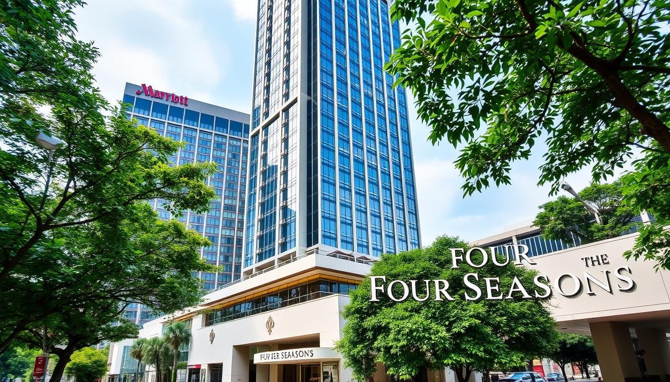 A majestic, contemporary high-rise hotel in the heart of a bustling Thai city. The Marriott Marquis hotel, a towering monument of glass and steel, stands tall against a backdrop of lush tropical foliage. Its sleek, minimalist facade is punctuated by rows of elegant windows, reflecting the vibrant energy of the surrounding streets. In the foreground, the iconic Four Seasons logo adorns the entrance, welcoming guests to experience the epitome of luxury and service. The image conveys a sense of refined sophistication and global prestige, embodying the aspirational status of these renowned international hospitality brands within the Thai market. A majestic, contemporary high-rise hotel in the heart of a bustling Thai city. The Marriott Marquis hotel, a towering monument of glass and steel, stands tall against a backdrop of lush tropical foliage. Its sleek, minimalist facade is punctuated by rows of elegant windows, reflecting the vibrant energy of the surrounding streets. In the foreground, the iconic Four Seasons logo adorns the entrance, welcoming guests to experience the epitome of luxury and service. The image conveys a sense of refined sophistication and global prestige, embodying the aspirational status of these renowned international hospitality brands within the Thai market.