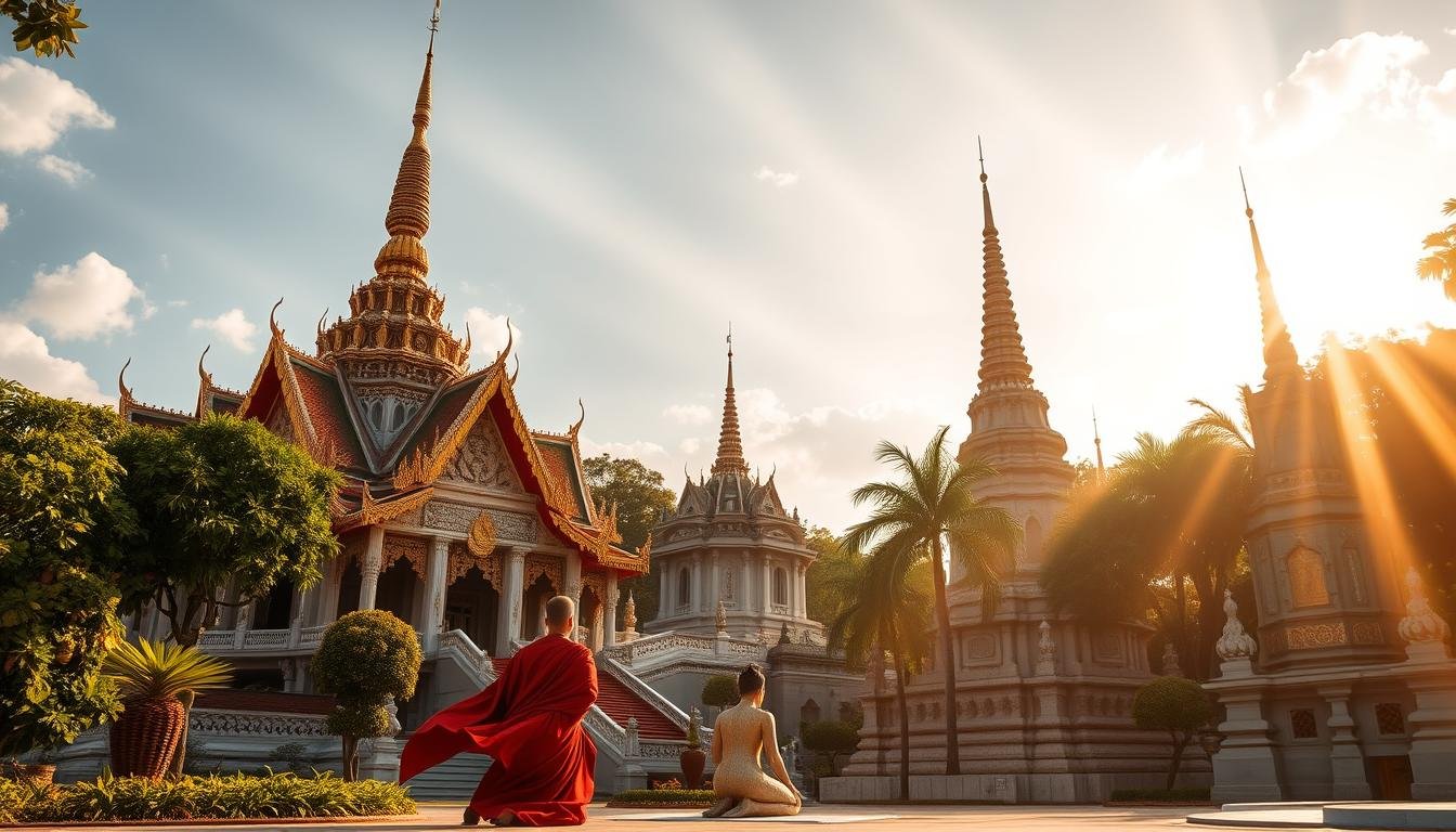 A majestic temple complex nestled in the heart of an ancient Thai city, the ornate spires and domes of the royal palace intertwine with the serene silhouettes of Buddhist stupas. Intricate carvings and mosaics adorn the facades, depicting scenes from mythology and the kingdom's illustrious history. Rays of warm, golden light filter through the canopy of lush, tropical foliage, casting a reverent glow over the hallowed grounds. In the foreground, a devout worshiper kneels before a towering statue of the Buddha, their robes flowing gracefully as they pay homage to the divine. This tableau captures the timeless fusion of royal dynasty and sacred tradition that has defined Thailand's cultural identity for centuries.