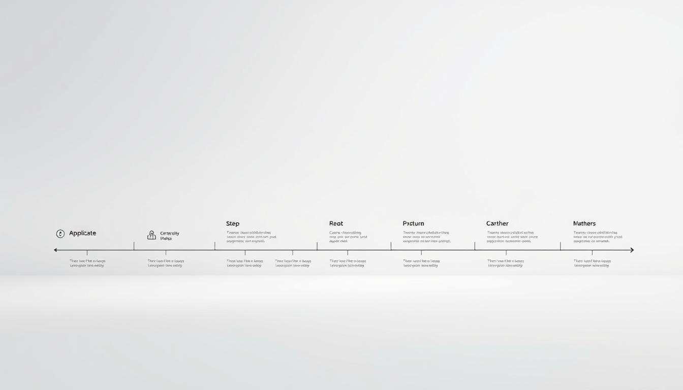 A meticulously designed timeline infographic featuring a clean, minimalist aesthetic. The foreground showcases a series of neatly aligned steps or milestones in the application process, represented by simple icons and concise labels. The middle ground depicts a grid-like structure, with soft, muted colors and subtle grid lines to create a sense of organization and structure. The background features a gentle gradient, providing a calming and professional backdrop that complements the overall design. The lighting is soft and diffused, creating a sense of depth and dimensionality. The angle is slightly elevated, giving the viewer a comprehensive overview of the application timeline. The overall mood is one of clarity, efficiency, and a well-structured, streamlined application process. A meticulously designed timeline infographic featuring a clean, minimalist aesthetic. The foreground showcases a series of neatly aligned steps or milestones in the application process, represented by simple icons and concise labels. The middle ground depicts a grid-like structure, with soft, muted colors and subtle grid lines to create a sense of organization and structure. The background features a gentle gradient, providing a calming and professional backdrop that complements the overall design. The lighting is soft and diffused, creating a sense of depth and dimensionality. The angle is slightly elevated, giving the viewer a comprehensive overview of the application timeline. The overall mood is one of clarity, efficiency, and a well-structured, streamlined application process.