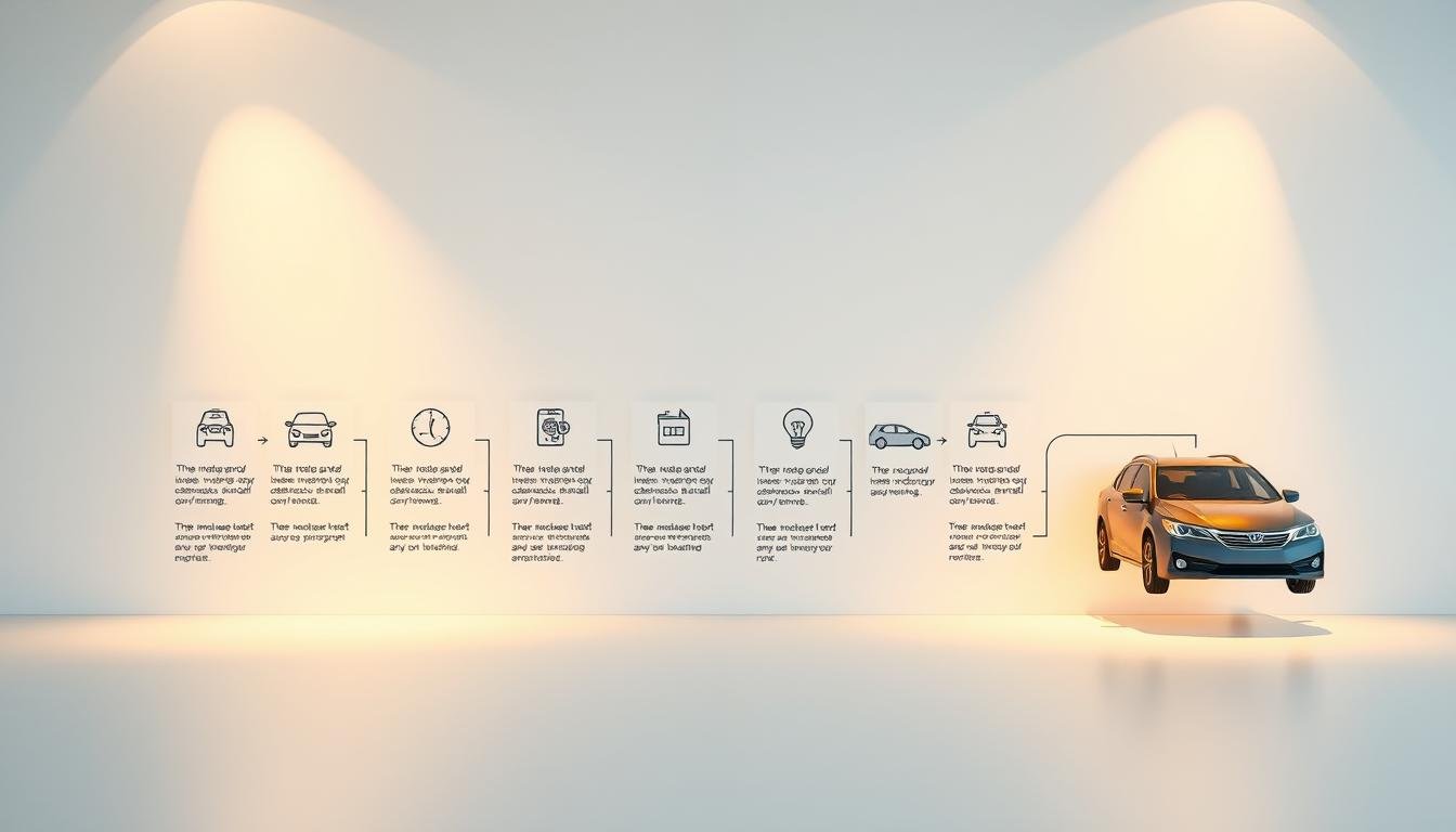 A meticulously organized step-by-step workflow detailing the process of booking and pricing a car rental in Hong Kong. The scene depicts a neatly arranged series of icons and infographic elements floating against a minimalist background, bathed in warm, inviting lighting. Subtle perspective creates depth, guiding the eye through the intuitive flow from initial inquiry to final vehicle pickup. Clean, modern aesthetics convey a sense of professionalism and reliability. The overall composition strikes a balance between clarity and visual interest, reflecting the seamless, hassle-free experience of renting a car for a Hong Kong self-drive vacation.
