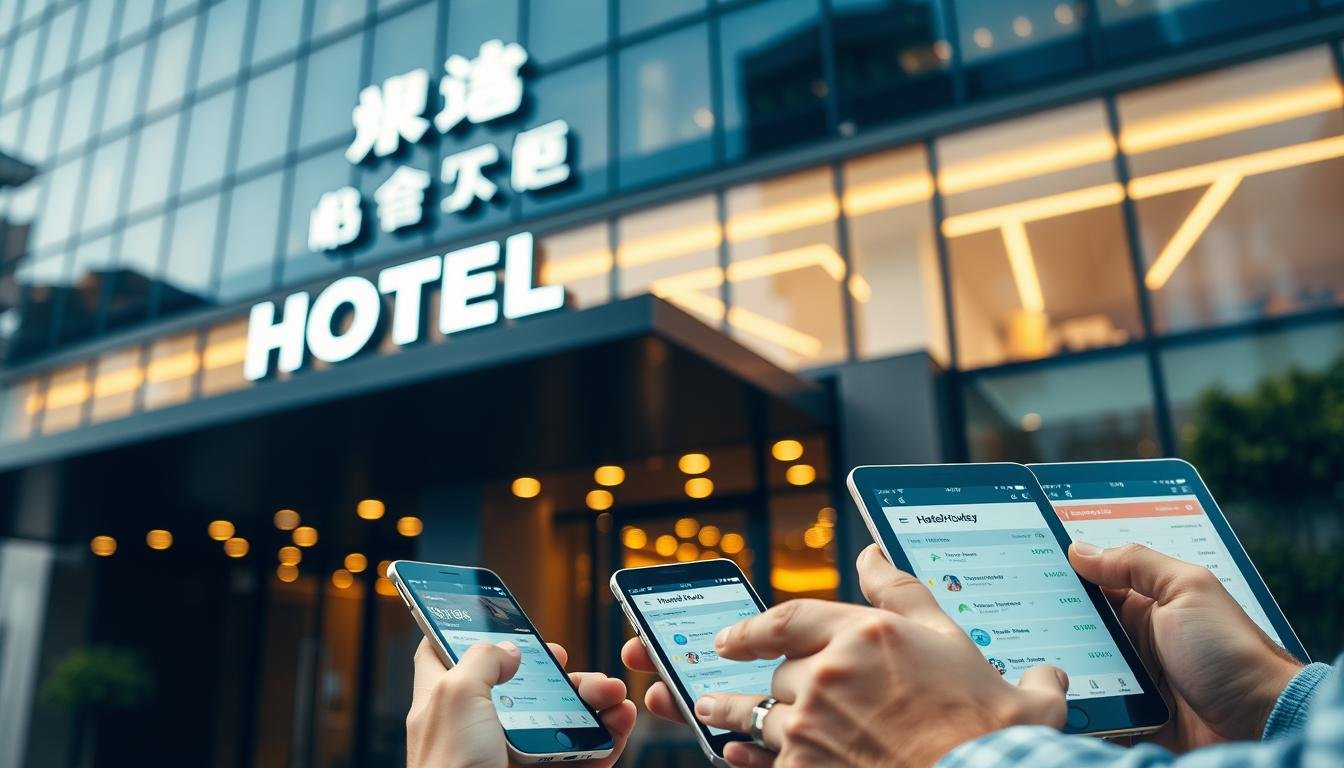 A modern and sleek hotel facade, showcasing the exterior of the building from a low-angle perspective. The hotel signage is prominently displayed, with the hotel name and logo clearly visible. The scene is illuminated by warm, soft lighting, creating a welcoming and inviting atmosphere. In the foreground, there are various digital devices, such as smartphones and tablets, being used to compare and contrast hotel booking information across different platforms. The background features a blurred cityscape, hinting at the urban setting of the hotel. The overall composition emphasizes the process of comparing hotel rates and making an informed decision.