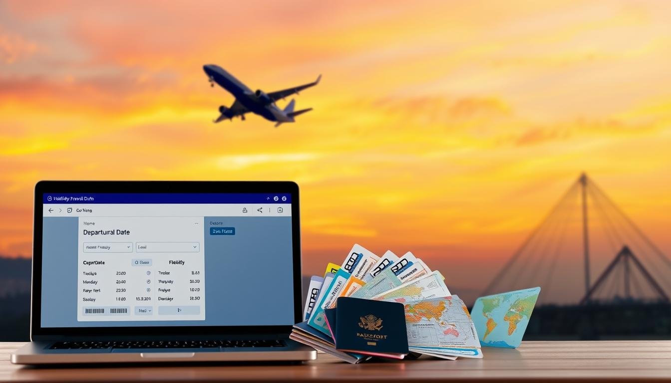 A modern, sleek airplane silhouette soaring against a vibrant sunset sky. In the foreground, a laptop screen displays a flight booking interface, showcasing flexible travel dates and a prominent "Departure Date" field. The middle ground features a thoughtfully arranged array of colorful airline tickets, passport, and a travel map, all symbolizing the strategy of finding affordable flights. The background subtly blends in geometric architectural elements, conveying a sense of efficiency and optimization. The overall composition evokes a mood of anticipation, discovery, and the thrill of unlocking cost-saving travel opportunities. A modern, sleek airplane silhouette soaring against a vibrant sunset sky. In the foreground, a laptop screen displays a flight booking interface, showcasing flexible travel dates and a prominent "Departure Date" field. The middle ground features a thoughtfully arranged array of colorful airline tickets, passport, and a travel map, all symbolizing the strategy of finding affordable flights. The background subtly blends in geometric architectural elements, conveying a sense of efficiency and optimization. The overall composition evokes a mood of anticipation, discovery, and the thrill of unlocking cost-saving travel opportunities.