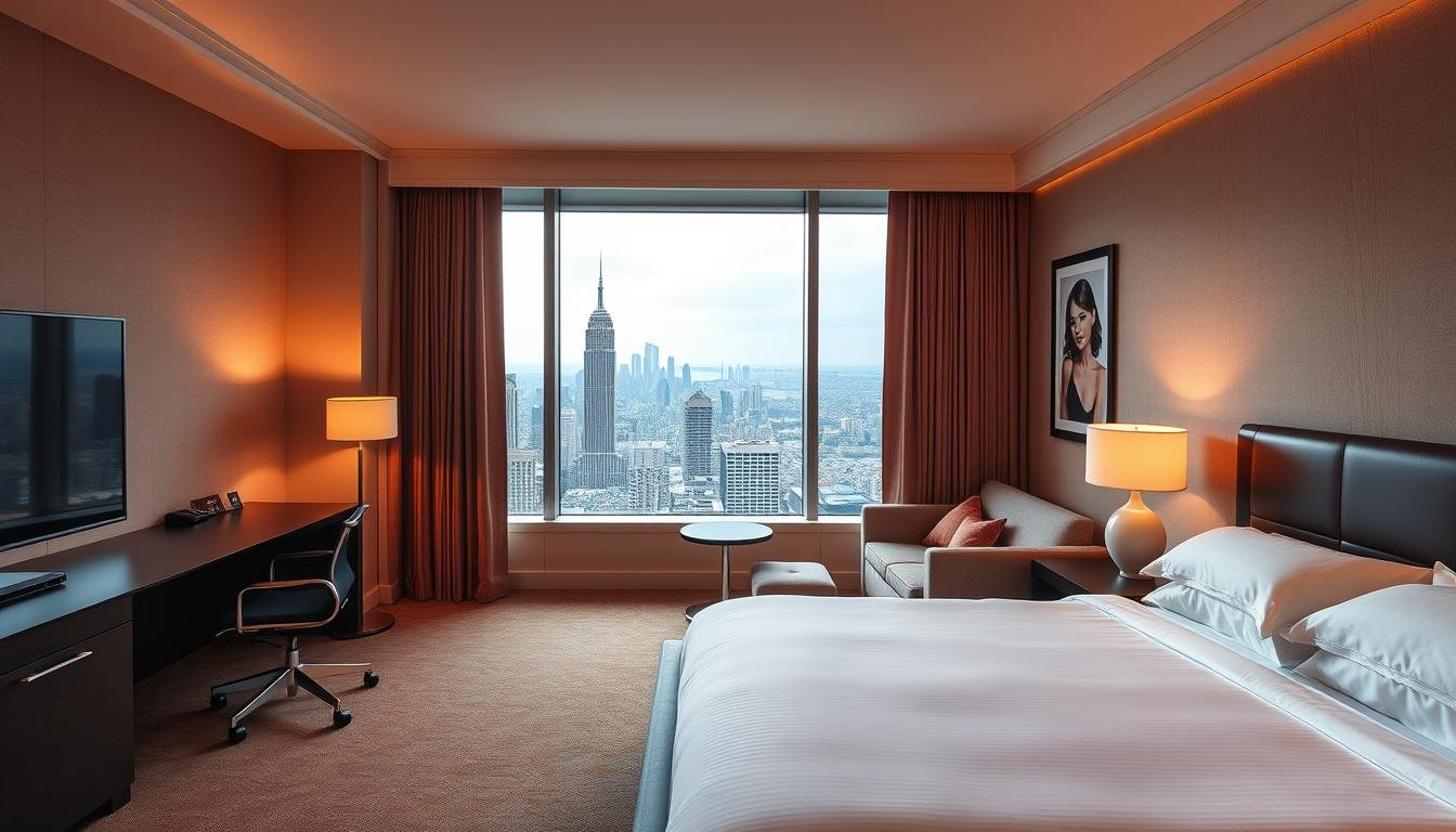 A modern, spacious hotel room with a large window offering a panoramic view of a bustling city skyline. The room is elegantly furnished with a plush king-size bed, a comfortable sofa, and a sleek work desk. Warm, ambient lighting creates a cozy, inviting atmosphere, while floor-to-ceiling curtains frame the cityscape beyond. The room exudes a sense of sophistication and luxury, perfect for both business travelers and families seeking a comfortable, long-term stay. The layout and amenities reflect the ideal balance between productivity and relaxation.