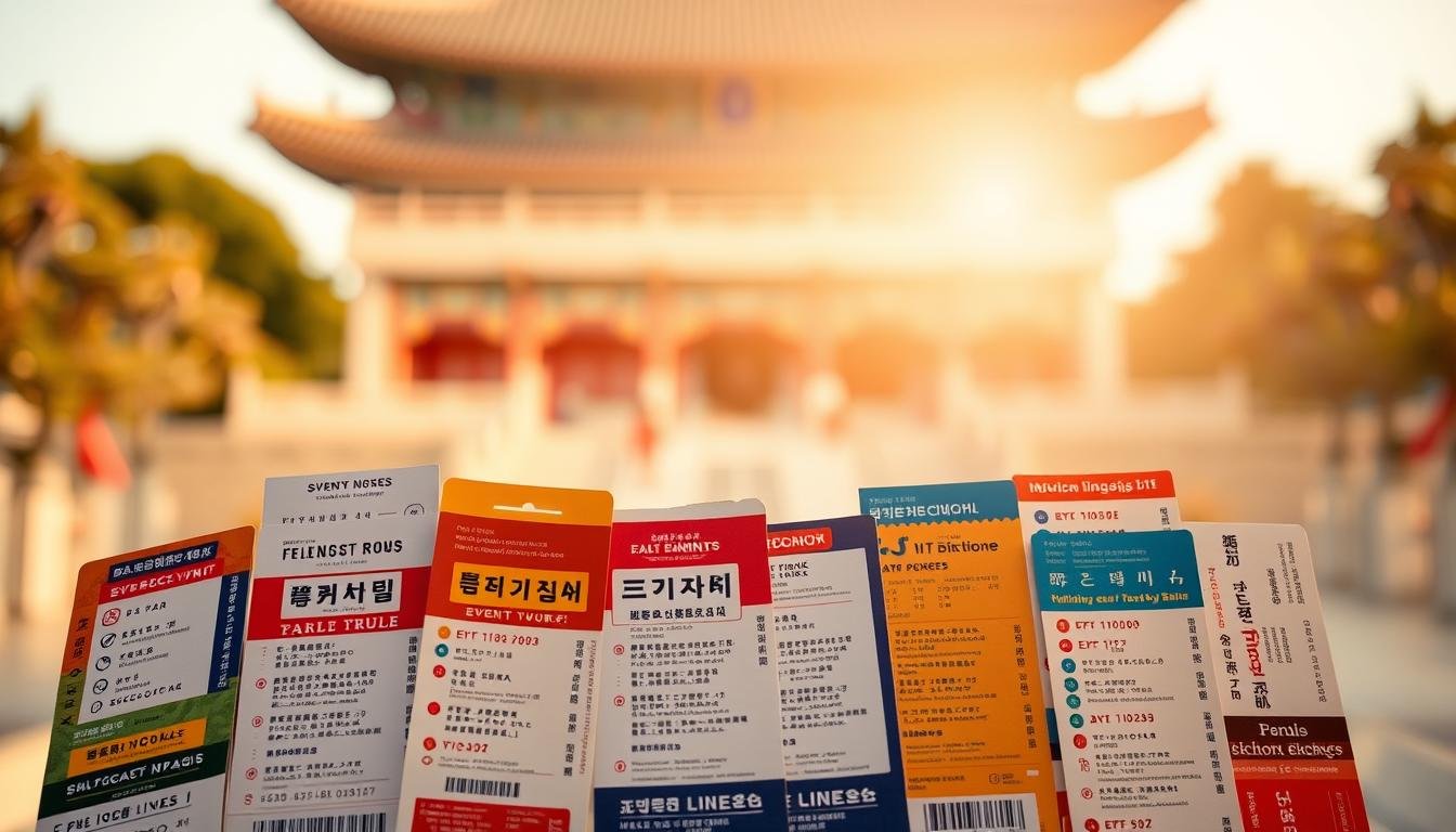 A neatly organized list of event tickets, passes, and admission slips against a softly blurred backdrop of a Korean landmark, possibly a palace or temple. The tickets are laid out in a grid, with each one distinct in color, design, and text - reflecting the variety of attractions and activities available to the Korean traveler. Warm, natural lighting illuminates the scene, casting a gentle glow and creating a sense of anticipation and excitement for the journey ahead. The overall composition conveys a sense of order, preparation, and the promise of memorable experiences in South Korea.