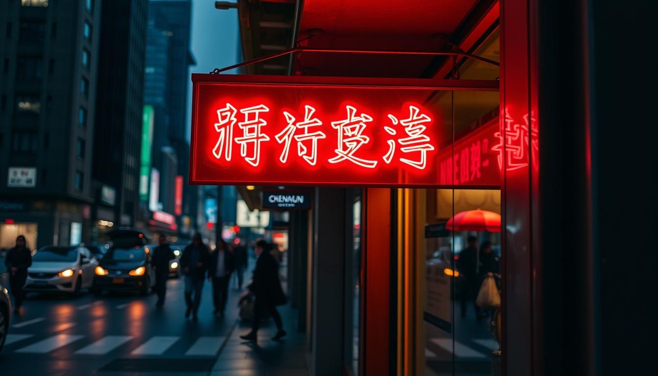 A neon-lit storefront sign against a bustling city backdrop, showcasing the operating hours "營業時間：星期一至" in bold, eye-catching Chinese characters. The sign's vibrant illumination casts a warm glow, creating an inviting atmosphere. The scene is framed by the architectural elements of the surrounding buildings, hinting at the dynamic urban setting. Soft shadows and reflections on the wet pavement add depth and a sense of place, while the subtle blur of pedestrians and vehicles in the background convey the lively energy of a thriving metropolitan area.