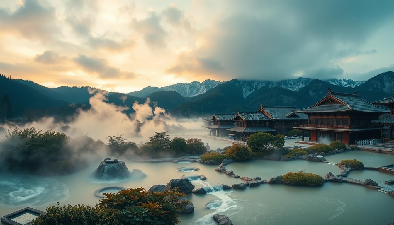 A panoramic view of the renowned Kusatsu Onsen, a renowned hot spring resort in the mountains of Gunma Prefecture, Japan. In the foreground, steaming pools of acidic, sulfurous waters bubble and flow, surrounded by lush, verdant foliage. The middle ground features traditional Japanese ryokan and onsen buildings, their roofs adorned with intricate architectural details. In the background, the silhouettes of rugged, snow-capped peaks rise against a dramatic, moody sky. The scene is illuminated by a warm, golden glow, creating a serene, inviting atmosphere. The unique "Yubatake" or hot water field, a key feature of Kusatsu Onsen, is showcased in its full glory, with the steam and natural beauty coming together to form a captivating, otherworldly landscape.