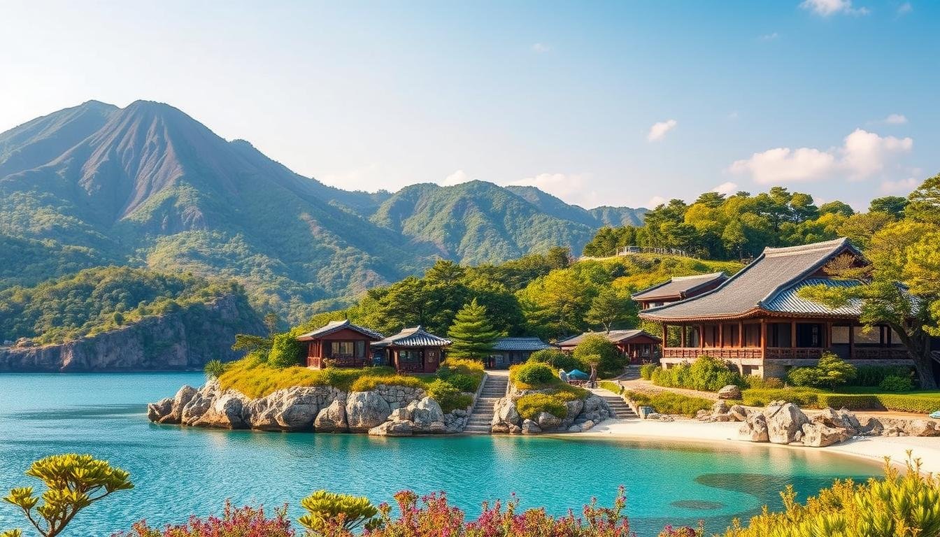 A picturesque island paradise, Jeju Island showcases a harmonious blend of breathtaking natural landscapes and rich cultural heritage. Capture the rugged grandeur of volcanic peaks, the serene azure shores of pristine beaches, and the enchanting lush forests teeming with diverse flora and fauna. Immerse in the vibrant traditions of the local Jeju people, their unique architecture, and the captivating regional cuisine. Bathe in the soft, warm light that bathes the island, creating a serene and tranquil atmosphere. Compose the scene with a wide, sweeping perspective to convey the vastness and splendor of this premier Korean vacation destination.