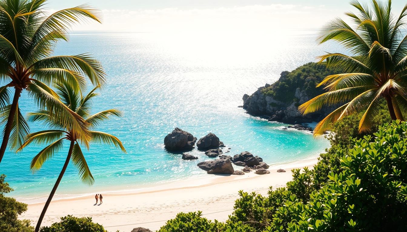 A picturesque scene of the Ryukyu Islands, where the vibrant azure waters of the East China Sea meet the lush, verdant shores. In the foreground, a pristine white-sand beach stretches out, inviting visitors to bask in the warm, golden sunlight. Swaying palm trees and lush tropical foliage create a serene, secluded atmosphere, transporting the viewer to a tranquil oasis. In the middle ground, rocky outcroppings and cliffs rise up, their rugged formations echoing the ancient history of this island chain. The background is dominated by the sparkling, turquoise expanse of the ocean, its gentle waves lapping against the shoreline. The overall scene evokes a sense of relaxation, adventure, and the allure of a tropical paradise, just a short journey away.
