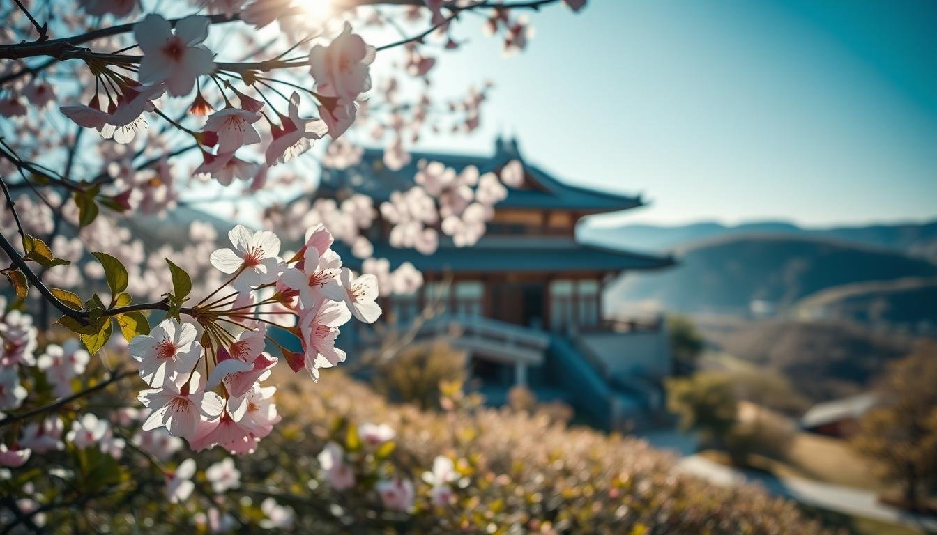 A picturesque spring scene in Korea, showcasing the unique charm of March's photography style and lighting. In the foreground, a lush garden blooms with delicate cherry blossoms, their soft pink petals swaying gently in the breeze. The middle ground features a traditional Korean hanok building, its elegant architecture and warm wooden tones complemented by the natural sunlight filtering through the branches. In the background, rolling hills and a clear blue sky create a serene, tranquil atmosphere. The lighting is soft and diffused, casting a romantic, dreamy glow over the entire composition. The overall mood is one of understated elegance and timeless beauty, perfectly capturing the essence of the Korean wedding photography experience.