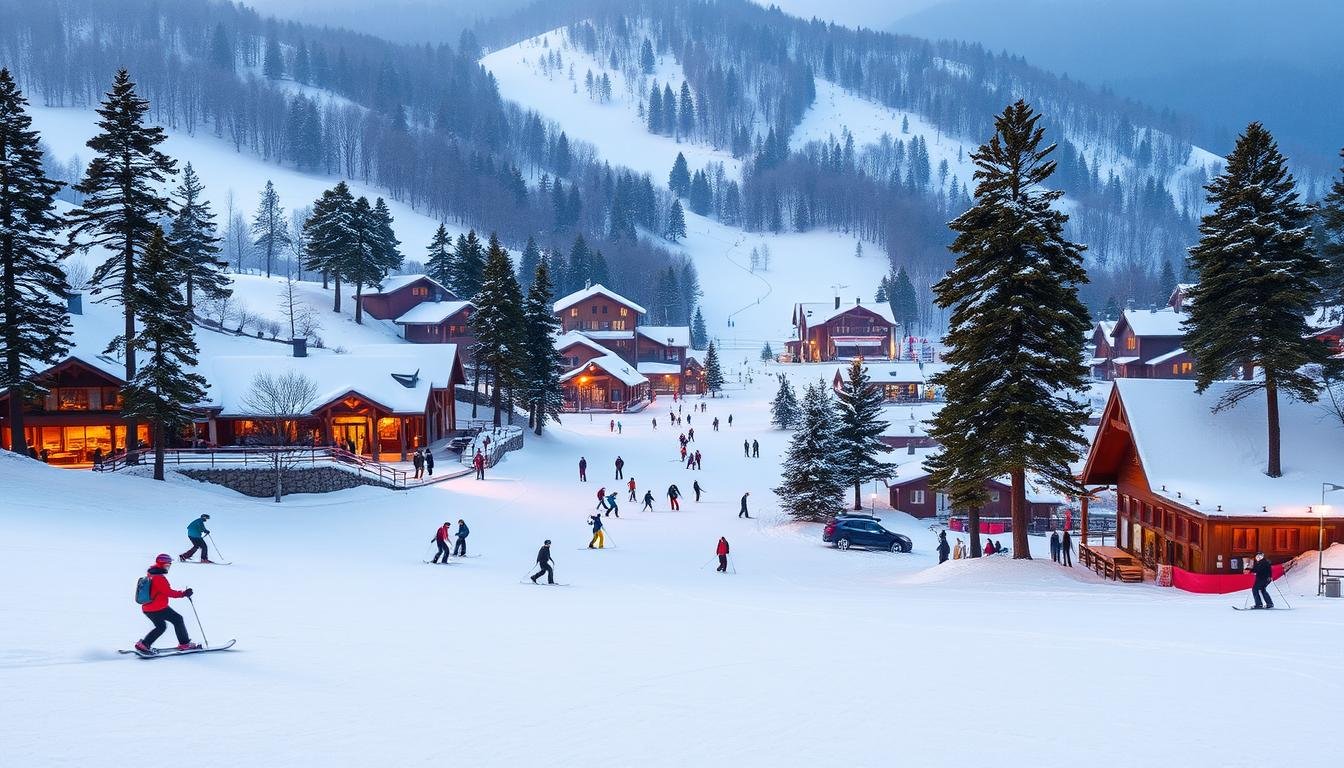 A picturesque winter wonderland nestled in the mountains near Seoul, showcasing a well-groomed ski resort with pristine snow-covered slopes. Skiers and snowboarders glide gracefully down the runs, their colorful gear standing out against the crisp, white landscape. The resort features a charming village with cozy chalets, quaint cafes, and inviting aprés-ski lounges. Towering pines frame the scene, creating a serene and enchanting atmosphere. Warm, soft lighting bathes the area, accentuating the details and inviting viewers to imagine the thrill of a perfect day on the slopes. An idyllic and inviting winter escape, perfectly suited for skiers of all levels.