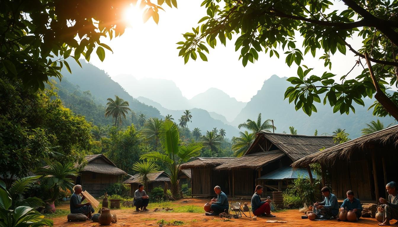 A remote village nestled amidst lush, verdant foliage. In the foreground, a group of locals gather, engaged in traditional weaving, pottery, and woodcarving techniques, their skilled hands shaping the raw materials of the land. The midground reveals simple dwellings with thatched roofs, their weathered walls blending seamlessly with the natural surroundings. In the background, towering mountains rise, their peaks shrouded in a soft, atmospheric haze. Warm, golden sunlight filters through the canopy, casting a gentle glow over the scene, capturing the timeless harmony between the community and their natural environment.