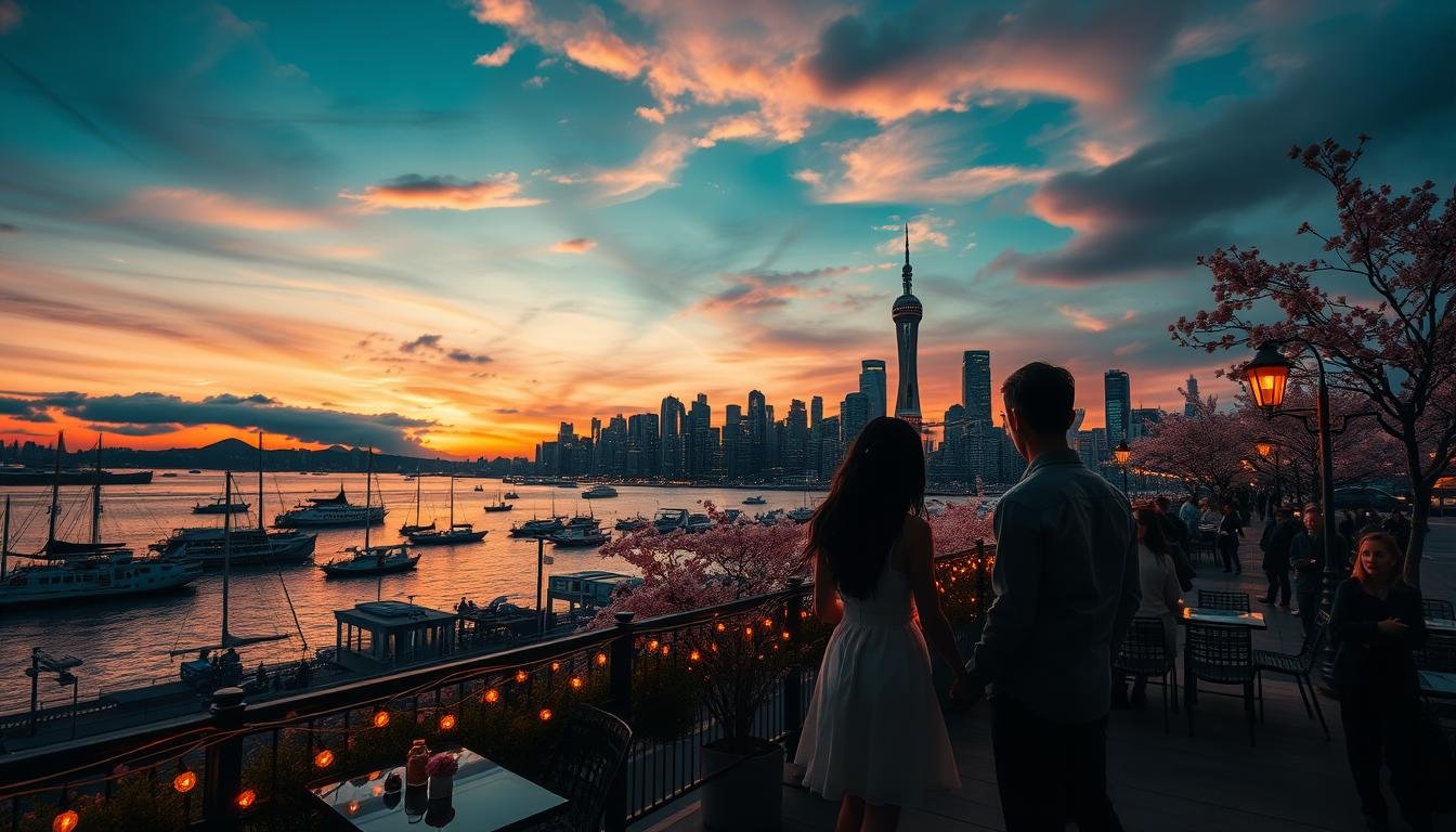 A romantic cityscape with a couple silhouetted against a dramatic sunset sky, overlooking a harbor dotted with sailboats and ferries. The foreground features a cozy cafe terrace with tables for two, softly lit by strings of fairy lights. In the middle ground, a bustling promenade lined with cherry blossom trees and couples strolling hand-in-hand. The background showcases the iconic skyline of a vibrant Asian metropolis, skyscrapers glittering in the fading light. A cinematic, atmospheric scene evoking classic dates and timeless romance.