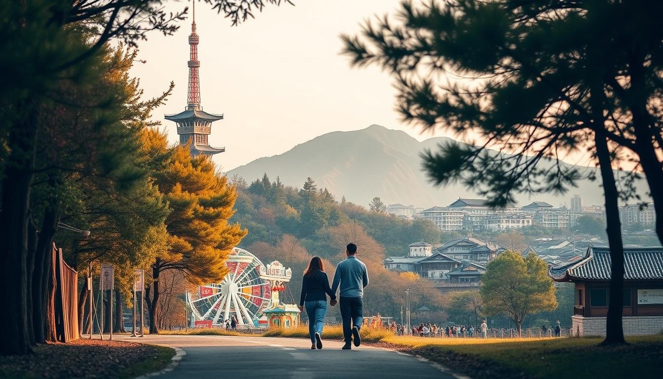 A romantic four-day Seoul itinerary showcasing the city's cultural richness, whimsical theme parks, and picturesque natural landscapes. In the foreground, a couple strolls hand-in-hand along a tree-lined path, gazing up at the iconic N Seoul Tower perched atop Namsan mountain. The middle ground features the colorful rides and attractions of Lotte World, Korea's largest indoor theme park. In the background, the rugged peaks of Bukhansan National Park rise majestically, their slopes dotted with traditional Korean hanok houses. Soft, warm lighting bathes the scene, creating a dreamy, intimate atmosphere perfect for a couple's getaway.