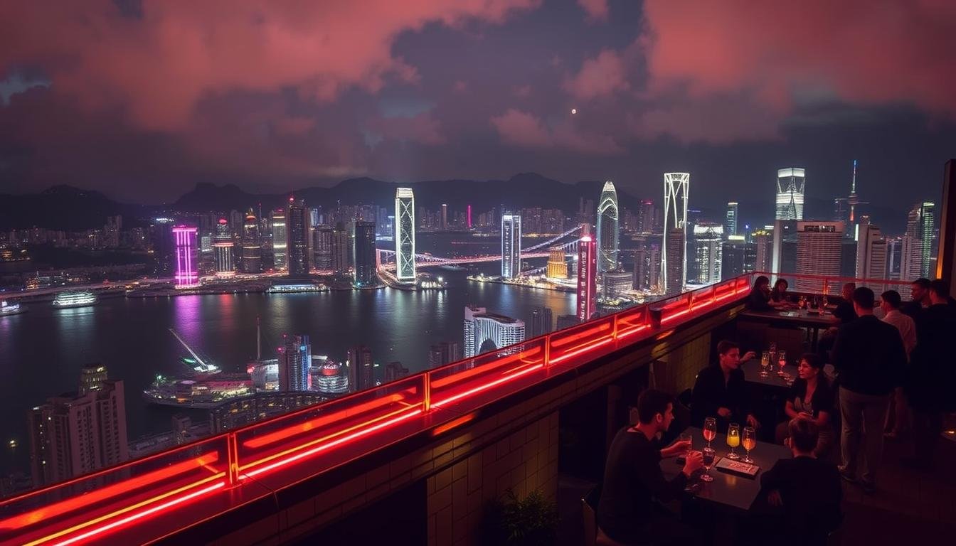 A rooftop bar in Wan Chai, Hong Kong, overlooking the stunning Victoria Harbour at night. The scene is bathed in a warm, atmospheric glow, with the iconic skyscrapers of Central illuminated in the background. Soft neon lights from the bar's terrace create a moody, urbane ambiance, complemented by the reflections of the harbor's waters. Patrons can be seen enjoying drinks and taking in the breathtaking panoramic views. The composition captures the vibrant energy and cosmopolitan charm of this iconic Hong Kong nightlife destination.