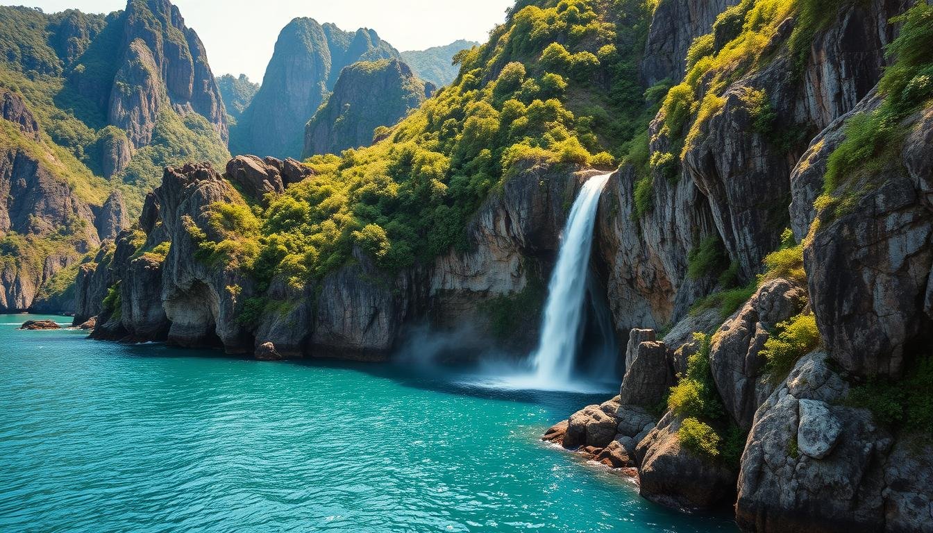 A rugged, forested island emerges from the sparkling azure waters of the South China Sea. Craggy, moss-covered cliffs rise dramatically from the shoreline, their jagged peaks piercing the sky. In a hidden cove, a glistening pearl-white waterfall cascades down the rocky face, its gentle mist creating an enchanting, otherworldly atmosphere. Lush, verdant vegetation clings to the steep slopes, while a lone dragon-shaped rock formation stands sentry, as if guarding the island's mystical treasures. Warm, diffused sunlight filters through the canopy, casting a warm, golden glow over the entire scene. This is the enchanting "Lung Ku Tso Chu" - the "Dragon Vomiting Pearls" - a true natural wonder of Hong Kong's Tung Lung Island.