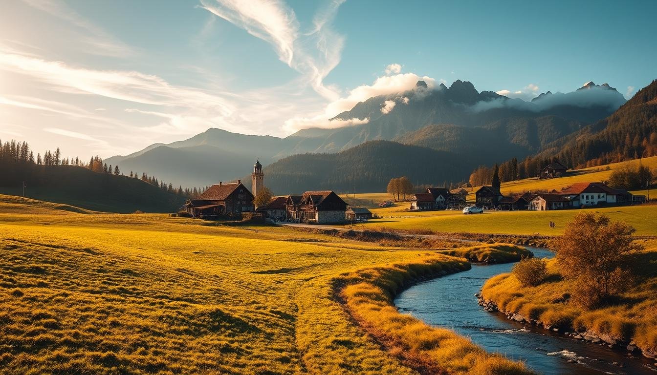 A scenic rural landscape with rolling hills, lush green meadows, and a winding river in the foreground. In the middle ground, a quaint village with traditional architecture and locals engaged in eco-friendly activities like gardening, cycling, and hiking. The background features a towering mountain range, partially obscured by wispy clouds. The scene is bathed in warm, golden sunlight, creating a serene and tranquil atmosphere. The overall impression is one of a sustainable, environmentally-conscious travel destination that promotes outdoor recreation and connection with nature.
