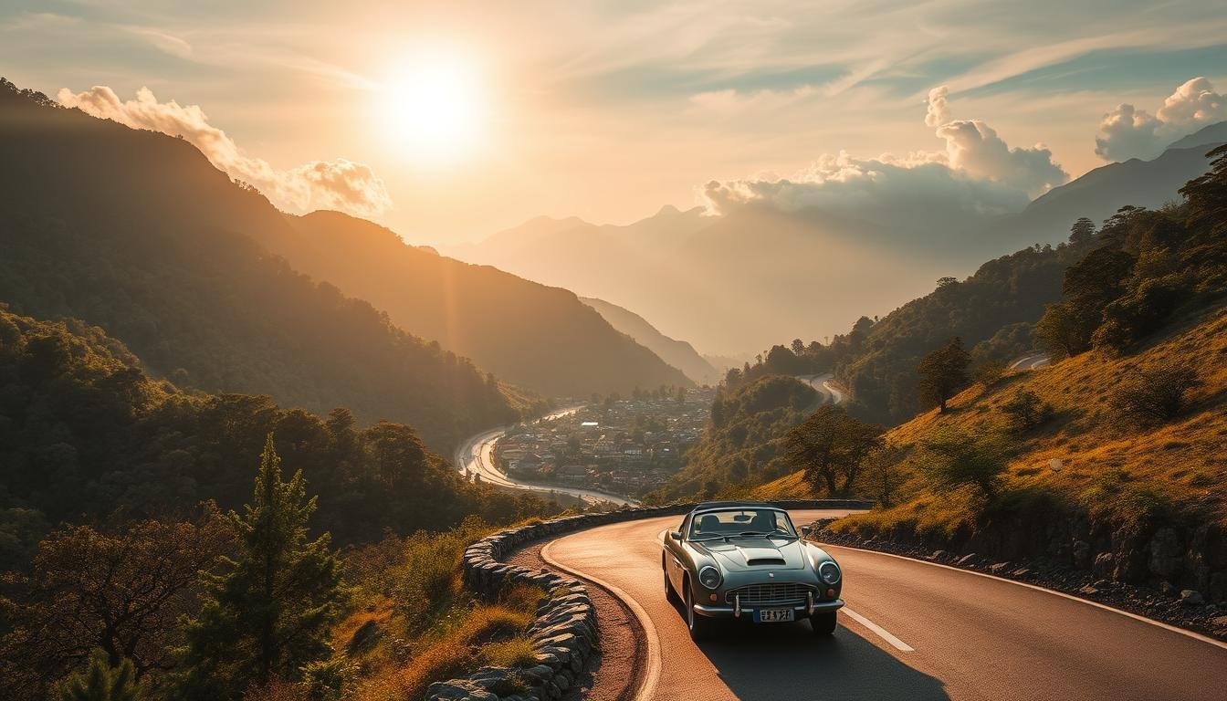 A scenic winding road snakes through lush mountain landscapes, flanked by dense forests and towering peaks. The sun casts a warm, golden glow over the panoramic vistas, painting the scene in a serene, contemplative atmosphere. In the foreground, a classic car navigates the twisting tarmac, its sleek silhouette reflecting the rugged yet elegant nature of the surrounding environment. The middle ground features picturesque villages and small towns, hinting at the cultural richness of the region. The background is dominated by majestic, cloud-capped mountains, creating a sense of grandeur and adventure. This image captures the essence of Taiwan's iconic "環島" road trip, showcasing the perfect balance between classic and offbeat experiences.