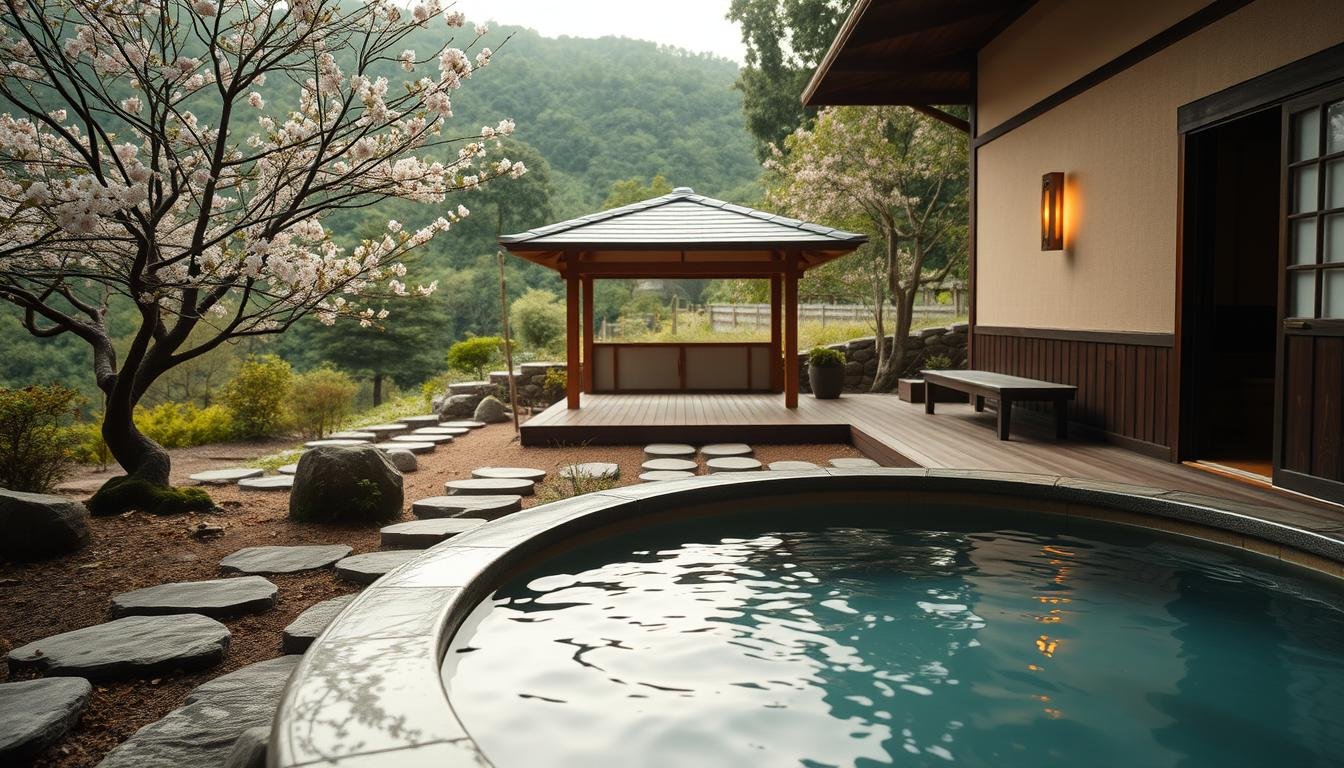 A serene and cozy ryokan-style retreat nestled in the lush, verdant hills of Chiang Mai, Thailand. The scene depicts a traditional Japanese-inspired onsen (hot spring) surrounded by a tranquil garden with a stone footpath, delicate cherry blossoms, and a minimalist wooden pavilion. Warm, diffused lighting casts a soft, inviting glow, creating an atmosphere of relaxation and rejuvenation. The camera angle showcases the onsen's soothing waters and the surrounding natural beauty, inviting the viewer to imagine an immersive, authentic cultural experience. A serene and cozy ryokan-style retreat nestled in the lush, verdant hills of Chiang Mai, Thailand. The scene depicts a traditional Japanese-inspired onsen (hot spring) surrounded by a tranquil garden with a stone footpath, delicate cherry blossoms, and a minimalist wooden pavilion. Warm, diffused lighting casts a soft, inviting glow, creating an atmosphere of relaxation and rejuvenation. The camera angle showcases the onsen's soothing waters and the surrounding natural beauty, inviting the viewer to imagine an immersive, authentic cultural experience.