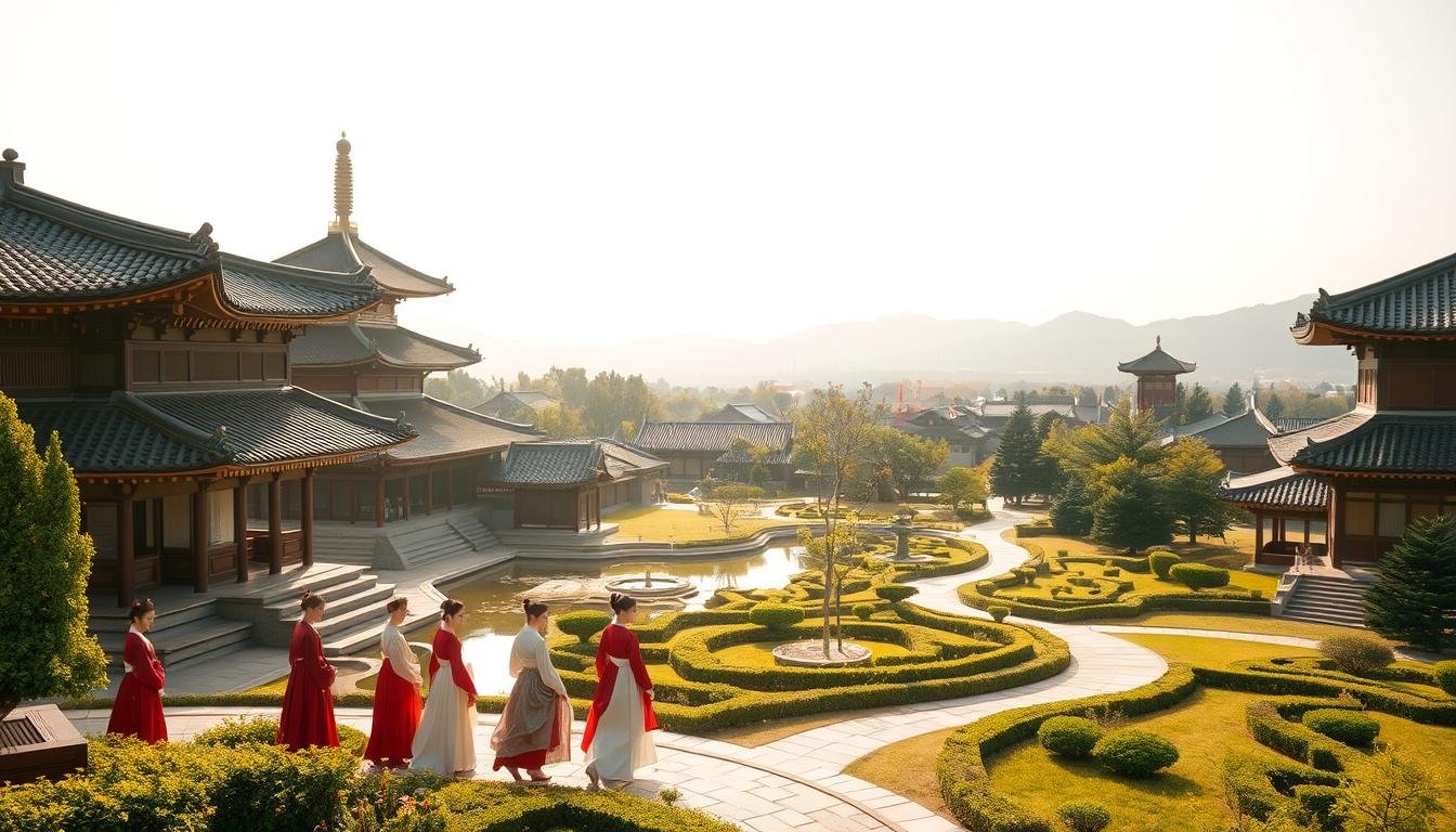 A serene and grand ancient palace nestled within a lush landscape, bathed in warm, diffused sunlight. Intricate architectural details adorn the ornate, tiled roofs and graceful, curved eaves. Tranquil ponds reflect the towering pagodas and traditional pavilions, evoking a timeless, regal atmosphere. In the foreground, a stately procession of figures dressed in exquisite, flowing hanbok robes, immersed in the rich cultural heritage of the site. The middle ground reveals verdant gardens and winding pathways, inviting exploration. The background showcases a mountainous horizon, lending a sense of grandeur and harmony to the scene. This evocative image captures the essence of Korea's storied palaces and the timeless elegance of its traditional attire.