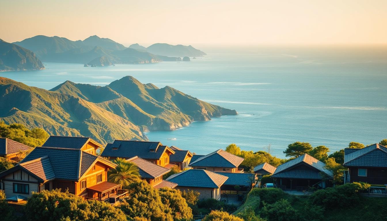 A serene coastal landscape on Jeju Island, South Korea. The foreground features an array of cozy, traditional-style accommodations nestled among lush greenery, each with its own unique architectural details and idyllic charm. The middle ground showcases a panoramic view of the island's renowned volcanic peaks and rugged cliffs, bathed in warm, golden sunlight. In the background, the vast, turquoise waters of the East China Sea shimmer, creating a tranquil and picturesque atmosphere. The scene exudes a sense of relaxation and escape, perfectly capturing the essence of Jeju Island as a premier Korean vacation destination.