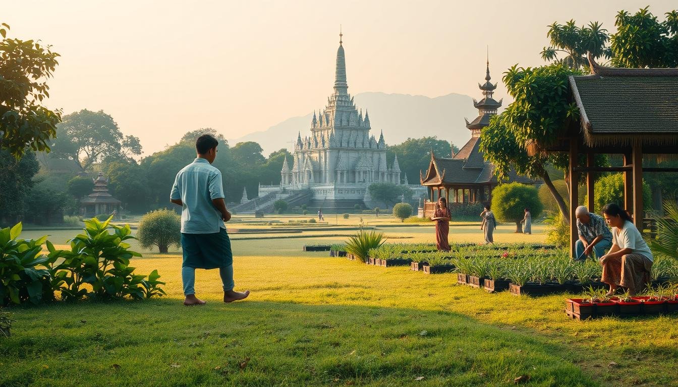 A serene, harmonious scene depicting the principles of "安全禮儀永續" - a tranquil Thai landscape with lush foliage, a majestic temple in the distance, and local people engaged in traditional practices. Soft, diffused lighting creates a warm, inviting atmosphere. In the foreground, a figure respectfully removes their shoes before entering a sacred space, exemplifying cultural reverence. The middle ground showcases locals engaged in sustainable activities like gardening or crafting. In the background, the temple's ornate architecture and pagodas stand tall, representing the preservation of heritage. An overall tone of balance, preservation, and mindful integration of modern and traditional elements.