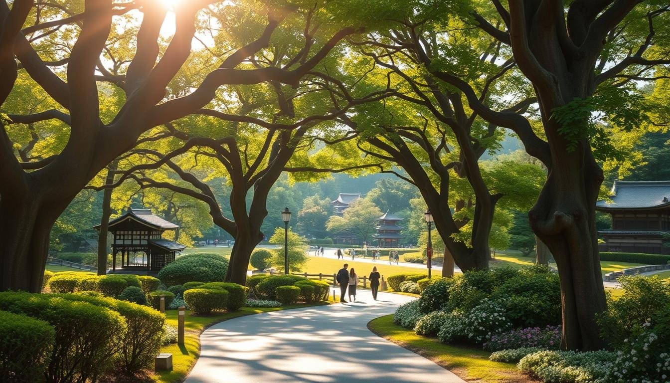 A serene landscape of Koganei Park, showcasing its winding pathways and lush foliage. Sunlight filters through the canopy of trees, casting a warm, golden glow on the scene. In the foreground, a paved walkway meanders through the park, lined with carefully manicured shrubs and blooming flowers. Framing the path, ancient trees with twisting trunks and verdant leaves create a natural archway, inviting visitors to explore the tranquil surroundings. In the middle ground, a few pedestrians stroll leisurely, capturing the peaceful ambiance of the park. Farther in the distance, glimpses of traditional Japanese architecture, such as pagodas or tea houses, can be seen peeking through the verdant landscape, hinting at the rich cultural heritage of the area. The overall mood is one of serenity and relaxation, capturing the essence of a quintessential Japanese public garden. A serene landscape of Koganei Park, showcasing its winding pathways and lush foliage. Sunlight filters through the canopy of trees, casting a warm, golden glow on the scene. In the foreground, a paved walkway meanders through the park, lined with carefully manicured shrubs and blooming flowers. Framing the path, ancient trees with twisting trunks and verdant leaves create a natural archway, inviting visitors to explore the tranquil surroundings. In the middle ground, a few pedestrians stroll leisurely, capturing the peaceful ambiance of the park. Farther in the distance, glimpses of traditional Japanese architecture, such as pagodas or tea houses, can be seen peeking through the verdant landscape, hinting at the rich cultural heritage of the area. The overall mood is one of serenity and relaxation, capturing the essence of a quintessential Japanese public garden.