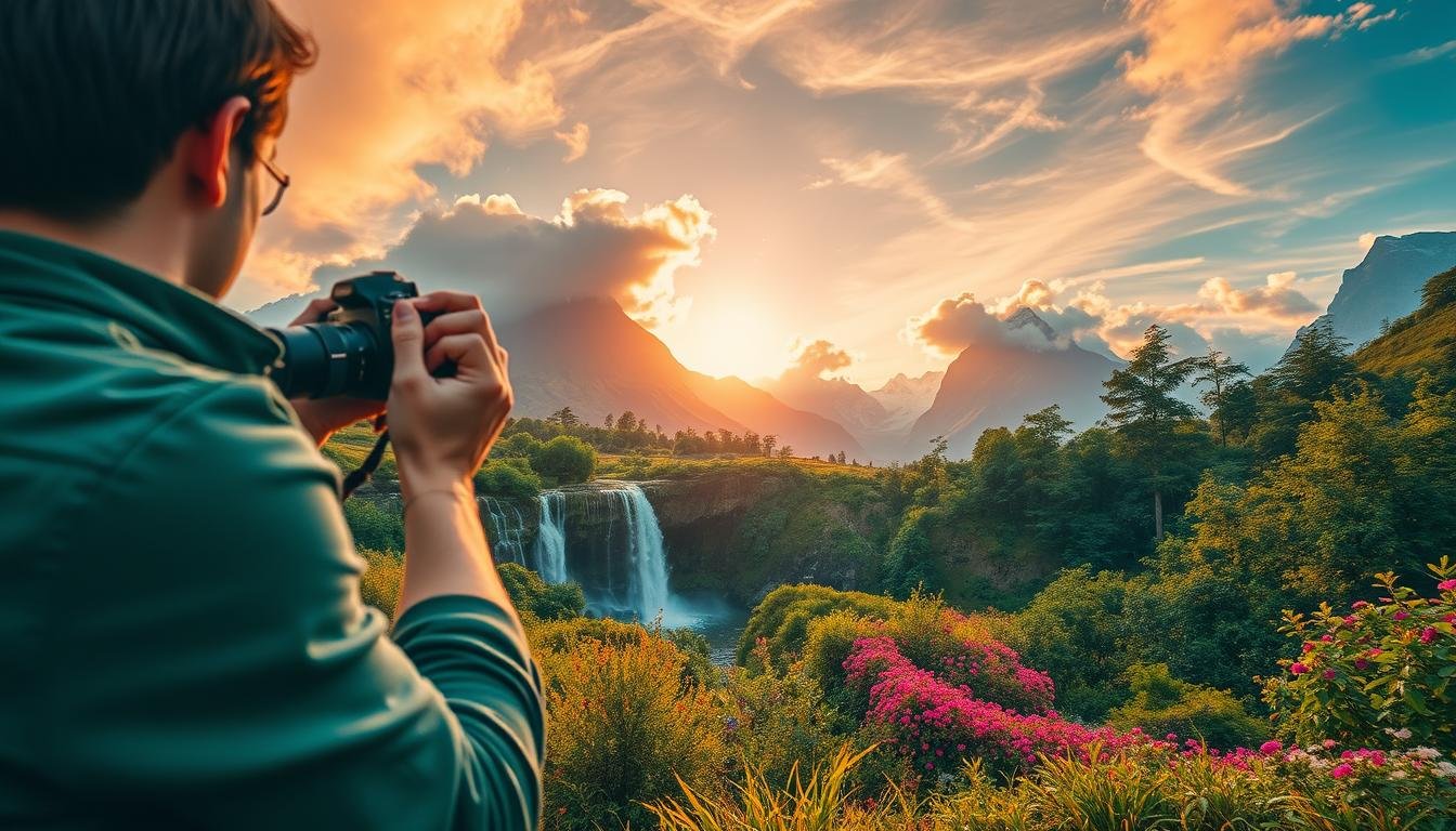 A serene landscape with vibrant hues, captured during a picturesque travel adventure. In the foreground, a photographer stands, camera in hand, framing the scene with a wide-angle lens. The middle ground showcases lush greenery, cascading waterfalls, and vibrant flowers, all bathed in warm, golden light filtering through wispy clouds. In the background, towering mountains rise, their peaks capped with snow, creating a breathtaking, dreamlike atmosphere. The image conveys a sense of tranquility and the joy of immersing oneself in the beauty of the natural world during a memorable journey, ready to be further enhanced through skillful post-processing.