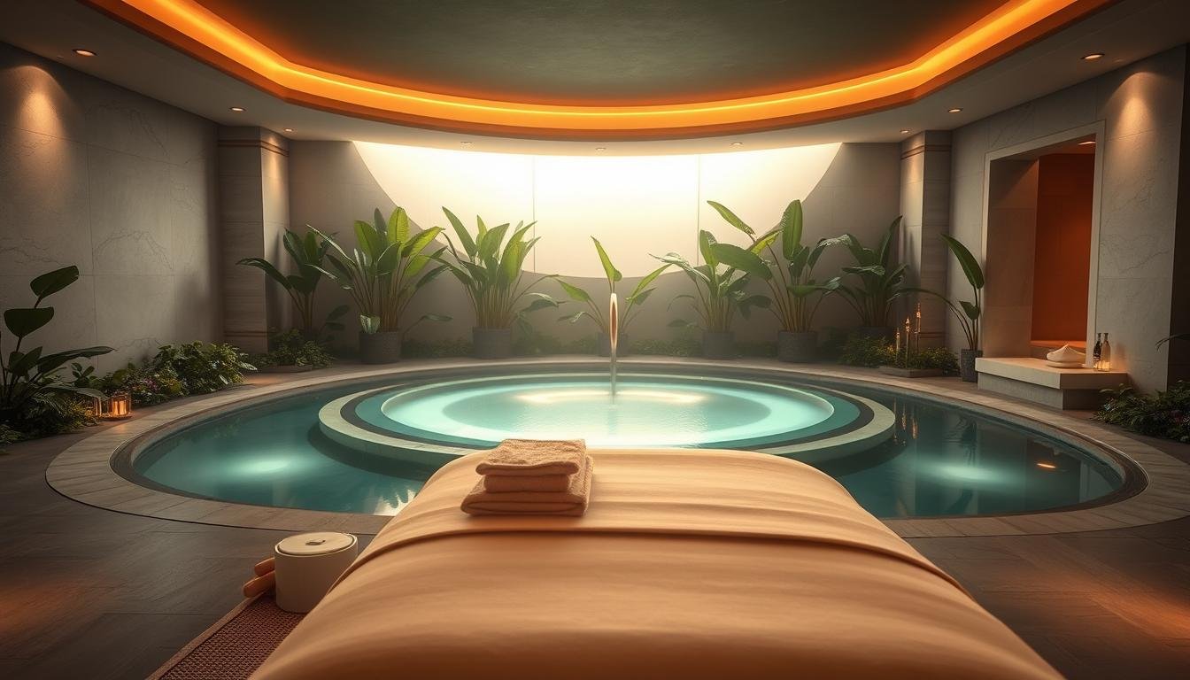 A serene, luxurious spa setting with a glowing, circular pool at the center. The pool is surrounded by smooth, polished stone tiles and lush, verdant plants that create a tranquil, natural ambiance. Soft, diffused lighting bathes the scene, casting a warm, soothing glow. In the foreground, an elegant, modern massage table is positioned, inviting the viewer to experience the restorative "循環提升療程". The overall composition evokes a sense of relaxation, rejuvenation, and an elevated, holistic wellness experience. A serene, luxurious spa setting with a glowing, circular pool at the center. The pool is surrounded by smooth, polished stone tiles and lush, verdant plants that create a tranquil, natural ambiance. Soft, diffused lighting bathes the scene, casting a warm, soothing glow. In the foreground, an elegant, modern massage table is positioned, inviting the viewer to experience the restorative "循環提升療程". The overall composition evokes a sense of relaxation, rejuvenation, and an elevated, holistic wellness experience.