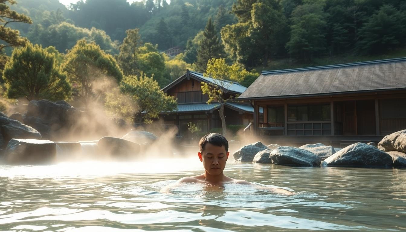 A serene, natural hot spring nestled amidst the lush, rolling hills of Gero Onsen, Japan. Steaming, mineral-rich waters flow over smooth, polished rocks, creating a tranquil, ethereal atmosphere. Surrounding the spring, a traditional Japanese ryokan stands, its weathered wooden facade and sloping roof blending seamlessly with the verdant landscape. Soft, diffused sunlight filters through the canopy of trees, casting a warm, golden glow over the scene. In the foreground, a solitary figure soaks in the soothing waters, their face obscured, conveying a sense of relaxation and rejuvenation. The overall composition evokes the timeless allure of Japan's celebrated onsen culture and the restorative, serene beauty of this hidden natural wonder.