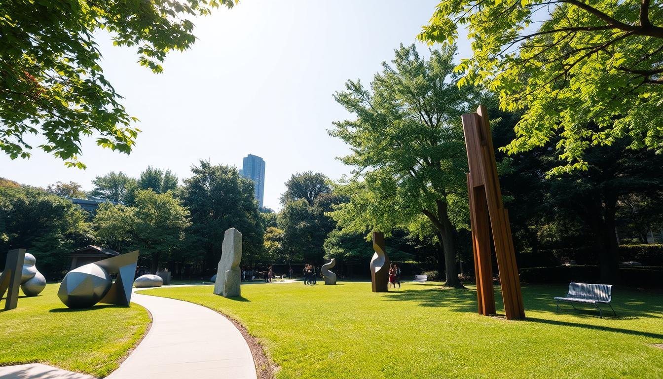 A serene outdoor art park in the heart of Seoul, SOMA Museum and Sculpture Garden. A tranquil oasis amidst the bustling city, featuring a collection of striking contemporary sculptures and installations nestled among lush greenery. Sunlight filters through the trees, casting soft shadows across the grassy pathways. Visitors meander leisurely, discovering unique artworks around every corner - geometric metal forms, abstract stone pieces, and towering wooden sculptures. The park's harmonious blend of nature and modern art creates a captivating atmosphere, inviting exploration and contemplation. Capture the essence of this urban art sanctuary with a wide-angle lens, framing the harmonious interplay of architecture, sculpture, and verdant surroundings. A serene outdoor art park in the heart of Seoul, SOMA Museum and Sculpture Garden. A tranquil oasis amidst the bustling city, featuring a collection of striking contemporary sculptures and installations nestled among lush greenery. Sunlight filters through the trees, casting soft shadows across the grassy pathways. Visitors meander leisurely, discovering unique artworks around every corner - geometric metal forms, abstract stone pieces, and towering wooden sculptures. The park's harmonious blend of nature and modern art creates a captivating atmosphere, inviting exploration and contemplation. Capture the essence of this urban art sanctuary with a wide-angle lens, framing the harmonious interplay of architecture, sculpture, and verdant surroundings.