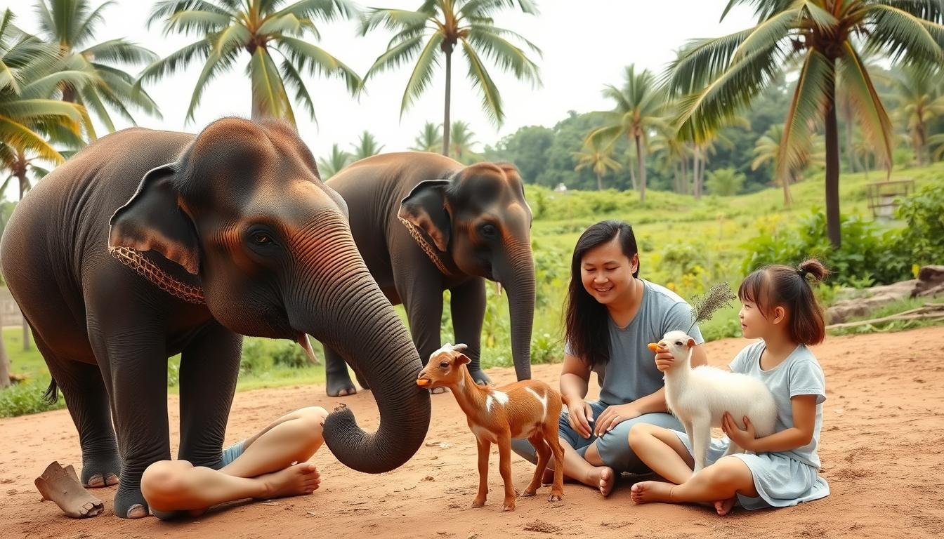 A serene outdoor scene at a wildlife sanctuary in Thailand, with a family of four - parents and two young children - interacting harmoniously with a group of gentle, domesticated animals. In the foreground, the children sit cross-legged, feeding carrots to a docile Asian elephant and a playful baby goat. The parents stand nearby, observing the interaction with warm smiles. The middle ground features a lush, verdant landscape with palm trees and tropical foliage, creating a tranquil, nature-immersed atmosphere. Soft, diffused lighting from an overcast sky casts a calming glow over the entire scene, conveying a sense of responsibility and mindfulness in the family's engagement with the animals.