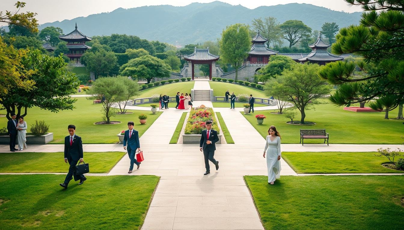 A serene outdoor scene showcasing the optimal flow of pedestrian traffic and designated paths at a popular Korean wedding photography location. In the foreground, well-spaced individuals and couples stroll leisurely, their formal attire elegantly contrasting the lush, verdant landscape. The middle ground features clearly demarcated walkways, with strategic placement of potted plants and benches to guide the movement of people. In the background, scenic architectural elements, such as traditional pavilions and stone bridges, create a picturesque backdrop. The overall lighting is soft and diffused, emanating a sense of tranquility and harmony, while the camera angle captures a wide, panoramic view to convey the efficient utilization of the space.