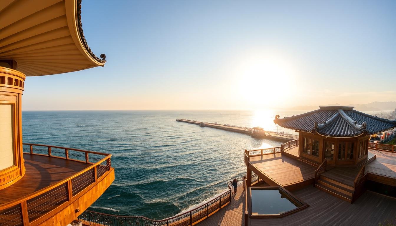 A serene, panoramic view of Busan's iconic Haeundae Beach, with a traditional Korean jjimjilbang (sauna) nestled on the oceanfront promenade. The sun's golden rays dance across the glistening waves, casting a warm, inviting glow on the modern, open-air spa complex. Elegant pavilions with sweeping roofs and ornate facades blend seamlessly with the natural landscape, offering a luxurious retreat amidst the coastal scenery. Visitors can relax on the elevated wooden decks, indulging in the therapeutic steam and panoramic vistas of the picturesque harbor. A harmonious fusion of ancient wellness traditions and contemporary architectural design, this serene oasis provides a tranquil respite from the bustling city.