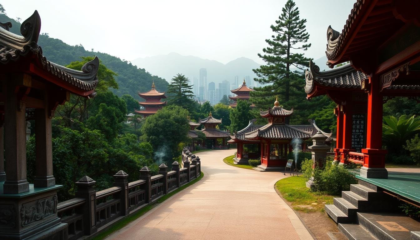 A serene path winding through a verdant Hong Kong landscape, lined with ornate temples and shrines. In the foreground, intricate stone carvings and red lacquered architecture welcome devotees to an ancient place of worship. Midground, incense-filled pagodas and towering pine trees set an atmosphere of tranquility and contemplation. In the distance, the hazy silhouettes of mountains and skyscrapers frame the sacred pilgrimage route, connecting the earthly and the divine. Soft, diffused natural lighting illuminates the scene, casting a warm, spiritual glow. The viewer is immersed in the centuries-old ritual of Hong Kong's temple culture.
