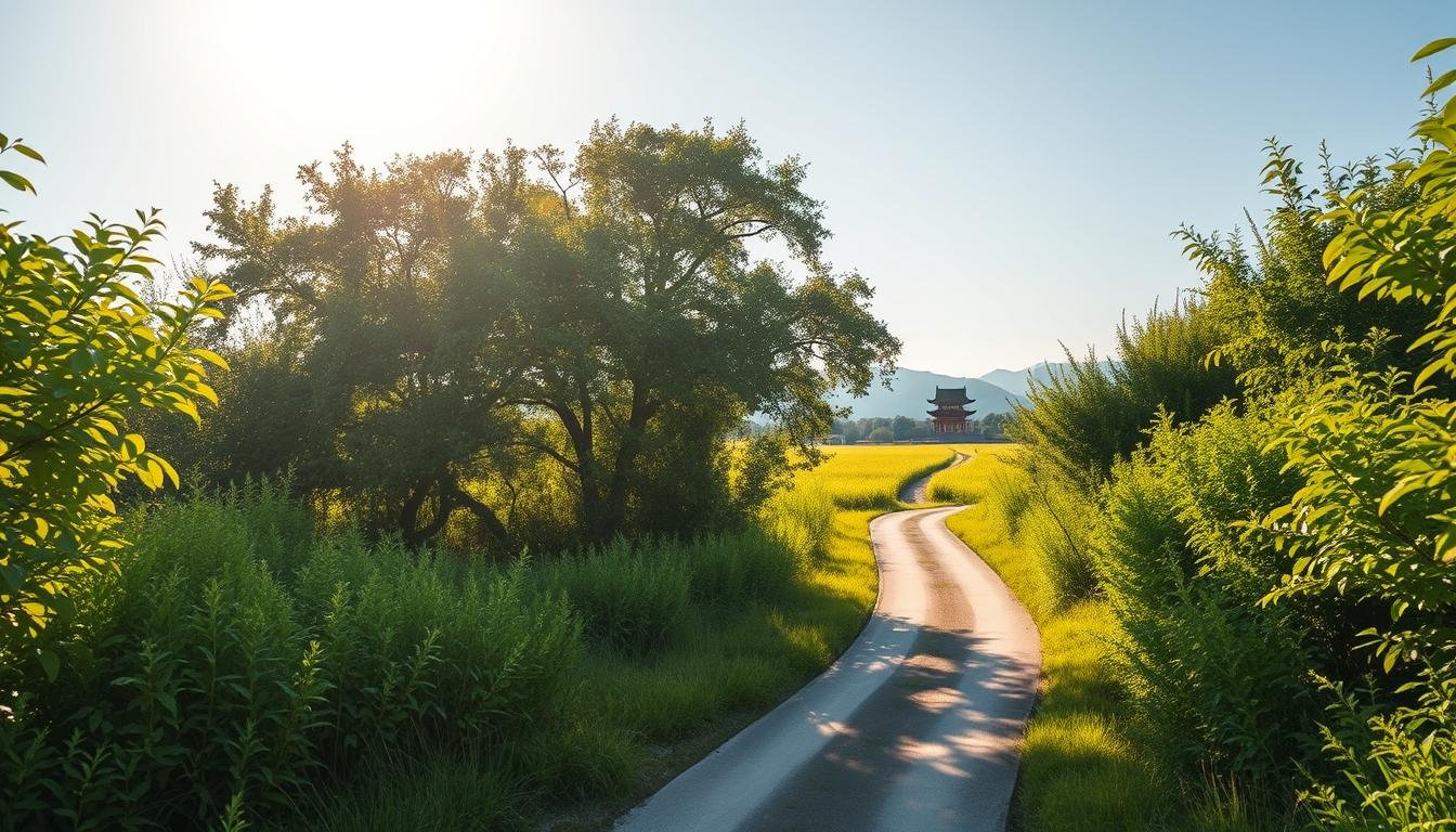 A serene rural landscape unfolds, with a winding path leading through lush, verdant foliage. Sunlight filters through the canopy, casting a warm, golden glow over the scene. In the distance, a traditional Japanese temple or shrine stands silhouetted against the clear, azure sky. The path invites the viewer to embark on a tranquil journey, exploring the interplay of light and shadow, the intertwining of nature and architecture. Soft, muted tones create a sense of timelessness, while the composed framing and balanced composition guide the eye through the scene. This image evokes a peaceful, contemplative atmosphere, reflecting the serene experience of visiting an art exhibition in the outskirts of the city. Prompt A serene rural landscape unfolds, with a winding path leading through lush, verdant foliage. Sunlight filters through the canopy, casting a warm, golden glow over the scene. In the distance, a traditional Japanese temple or shrine stands silhouetted against the clear, azure sky. The path invites the viewer to embark on a tranquil journey, exploring the interplay of light and shadow, the intertwining of nature and architecture. Soft, muted tones create a sense of timelessness, while the composed framing and balanced composition guide the eye through the scene. This image evokes a peaceful, contemplative atmosphere, reflecting the serene experience of visiting an art exhibition in the outskirts of the city. Prompt
