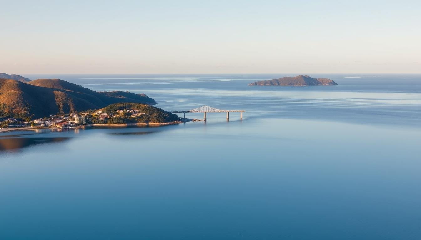 A serene seascape of the Seto Inland Sea, where the sky and ocean merge into a mesmerizing expanse of azure hues. In the foreground, a tranquil coastal village nestled between rolling hills, its quaint train station and charming architecture reflecting in the mirror-like waters. Mid-ground, a breathtaking stretch of white sand beach, the surface so smooth it appears to be glass. In the distance, a picturesque island bridge arching gracefully over the sparkling sea, connecting the mainland to a remote, unspoiled islet. Warm, diffused sunlight bathes the scene, infusing it with a serene, dopamine-inducing atmosphere. A serene seascape of the Seto Inland Sea, where the sky and ocean merge into a mesmerizing expanse of azure hues. In the foreground, a tranquil coastal village nestled between rolling hills, its quaint train station and charming architecture reflecting in the mirror-like waters. Mid-ground, a breathtaking stretch of white sand beach, the surface so smooth it appears to be glass. In the distance, a picturesque island bridge arching gracefully over the sparkling sea, connecting the mainland to a remote, unspoiled islet. Warm, diffused sunlight bathes the scene, infusing it with a serene, dopamine-inducing atmosphere.