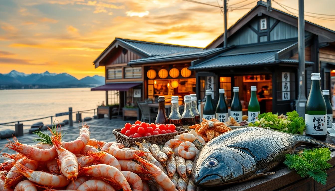 A serene seaside landscape in Niigata, Japan, where the bounties of the land and sea converge. In the foreground, a bountiful display of locally sourced ingredients: succulent shrimp, gleaming jet-black sea bream, and an array of premium sake bottles. The middle ground features a traditional wooden izakaya, its warm lighting spilling out onto the cobblestone streets. In the background, snow-capped peaks rise majestically, while a golden sunset paints the sky in a mesmerizing glow. The scene exudes a sense of authenticity, inviting the viewer to savor the harmonious flavors that define the culinary essence of Niigata.