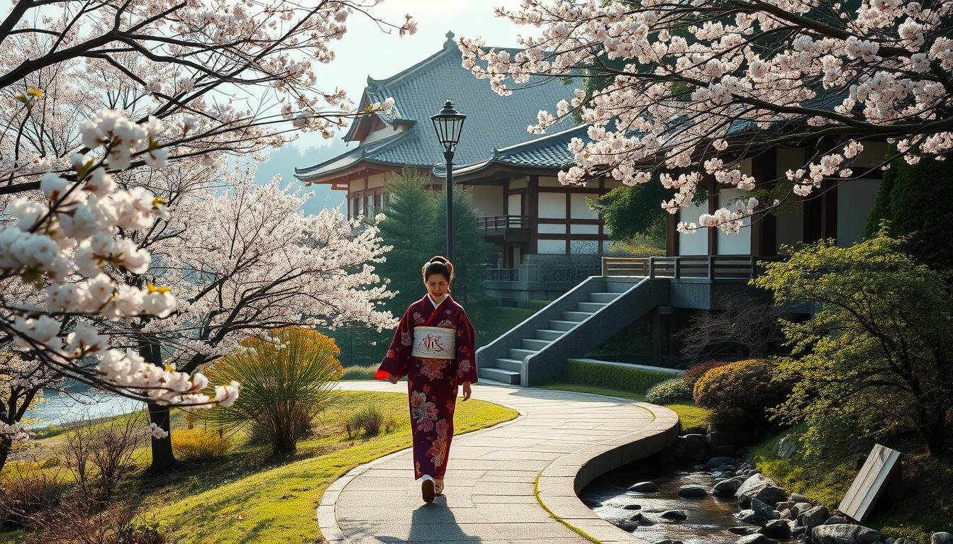 A serene stroll through a traditional Japanese landscape, a graceful figure in a vibrant kimono glides along a winding path, surrounded by the delicate blooms of cherry blossoms. Soft morning light filters through the lush foliage, casting a warm glow upon the elegant architecture of ancient temples and shrines. In the distance, the gentle flow of a nearby stream adds to the tranquil atmosphere, inviting the viewer to pause and immerse themselves in the timeless beauty of Kyoto's cultural heritage. A serene stroll through a traditional Japanese landscape, a graceful figure in a vibrant kimono glides along a winding path, surrounded by the delicate blooms of cherry blossoms. Soft morning light filters through the lush foliage, casting a warm glow upon the elegant architecture of ancient temples and shrines. In the distance, the gentle flow of a nearby stream adds to the tranquil atmosphere, inviting the viewer to pause and immerse themselves in the timeless beauty of Kyoto's cultural heritage.