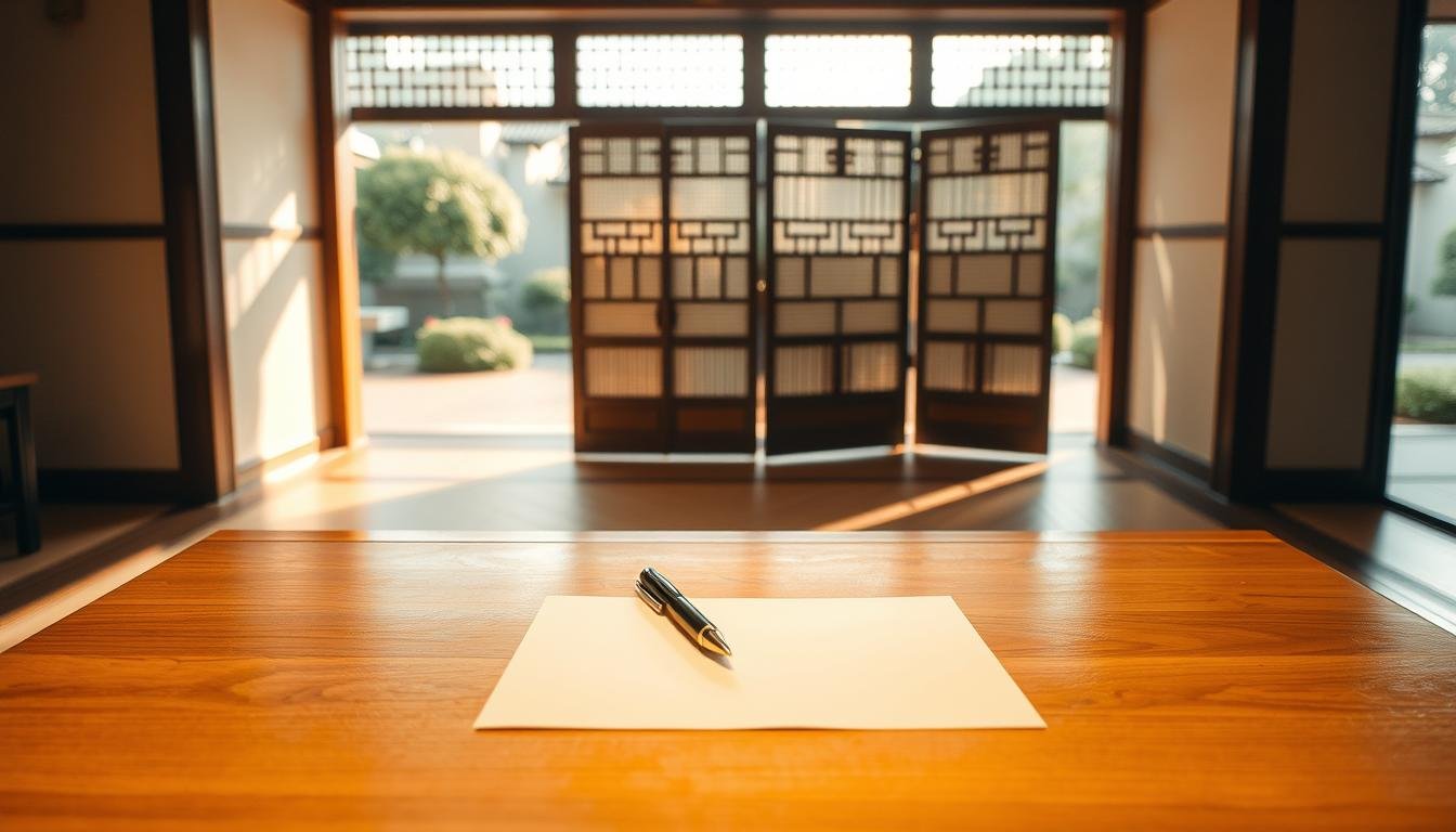 A serene, traditional Korean interior with warm lighting and a calming atmosphere. In the foreground, a wooden table with a clean, minimalist design holds a single sheet of paper and a well-crafted pen, signifying the act of reserving or booking an experience. The middle ground features a traditional Korean folding screen, its intricate patterns and textures creating a sense of cultural heritage. In the background, a window overlooks a tranquil garden, with soft natural light filtering in and casting gentle shadows throughout the space. The overall composition evokes a sense of thoughtfulness, anticipation, and the importance of the reservation process in traditional Korean culture.