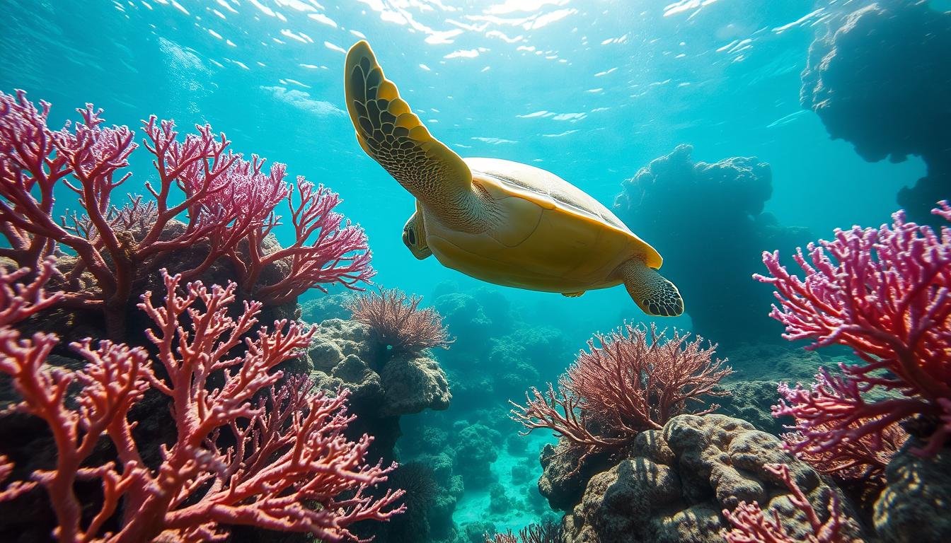 A serene underwater scene featuring a green sea turtle gracefully swimming amid vibrant coral formations. The turtle moves with effortless elegance, its shell reflecting the dappled sunlight filtering through the clear, turquoise waters. Surrounding the turtle, delicate, branching coral in shades of pink, purple, and orange sway gently in the ocean currents. The composition captures the harmonious coexistence between the sea turtle and its coral reef habitat, conveying a sense of tranquility and the importance of preserving this delicate marine ecosystem. The image is captured with a wide-angle lens, providing a panoramic view that immerses the viewer in the scene. A serene underwater scene featuring a green sea turtle gracefully swimming amid vibrant coral formations. The turtle moves with effortless elegance, its shell reflecting the dappled sunlight filtering through the clear, turquoise waters. Surrounding the turtle, delicate, branching coral in shades of pink, purple, and orange sway gently in the ocean currents. The composition captures the harmonious coexistence between the sea turtle and its coral reef habitat, conveying a sense of tranquility and the importance of preserving this delicate marine ecosystem. The image is captured with a wide-angle lens, providing a panoramic view that immerses the viewer in the scene.