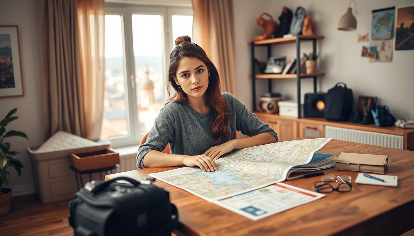 A serene, well-lit interior scene showcasing a young woman planning her solo travel journey. In the foreground, she sits at a wooden table, surrounded by a map, guidebook, and travel accessories, exuding a sense of focused determination. The middle ground features a large window overlooking a picturesque cityscape, infusing the space with natural light and a glimpse of the outside world. In the background, shelves display travel memorabilia and safety items, suggesting a thoughtful preparation for her independent adventure. The overall mood is one of confidence, empowerment, and a careful consideration of personal security measures for the female traveler.