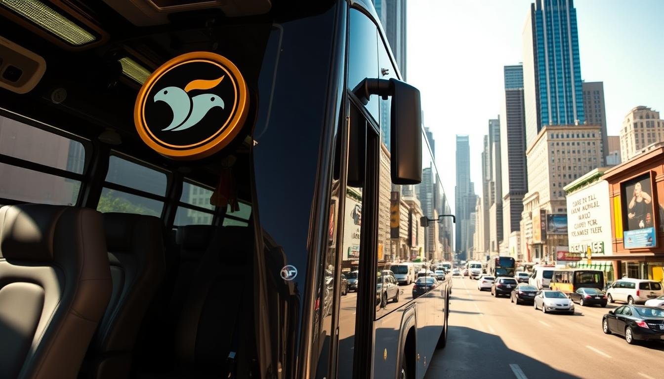 A sleek, well-maintained tour bus in a sunny, urban setting. The vehicle features a prominent logo and branding, showcasing its professional and reliable service. The bus is surrounded by a bustling city landscape, with towering skyscrapers and busy streets in the background. The composition highlights the bus's comfortable interior, spacious seating, and modern amenities, conveying a sense of convenience and luxury for travelers. The lighting is warm and inviting, creating a welcoming atmosphere that aligns with the section's title, "Why choose our tour bus rental and self-driving services."