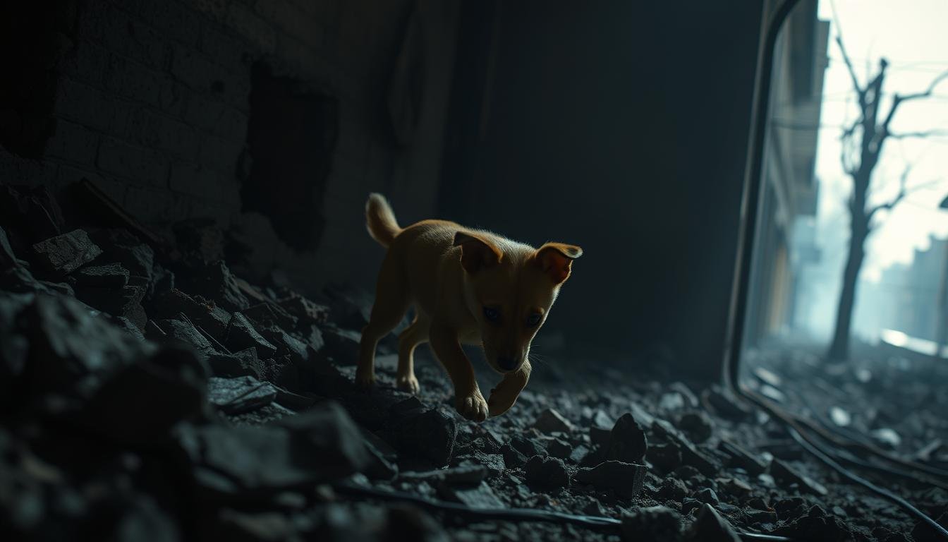 A small dog with a determined expression, weaving through the rubble of a fire-ravaged building, sniffing the air and searching intently for its missing owner. The dim, hazy lighting casts long shadows, creating a sense of somber mystery. In the background, a crumbling wall partially obscures a forlorn, deserted street, hinting at the devastation that has befallen this once-vibrant neighborhood. The dog's body language conveys a mixture of worry and hope, as it navigates the treacherous path, driven by an unwavering loyalty to be reunited with its beloved human companion.
